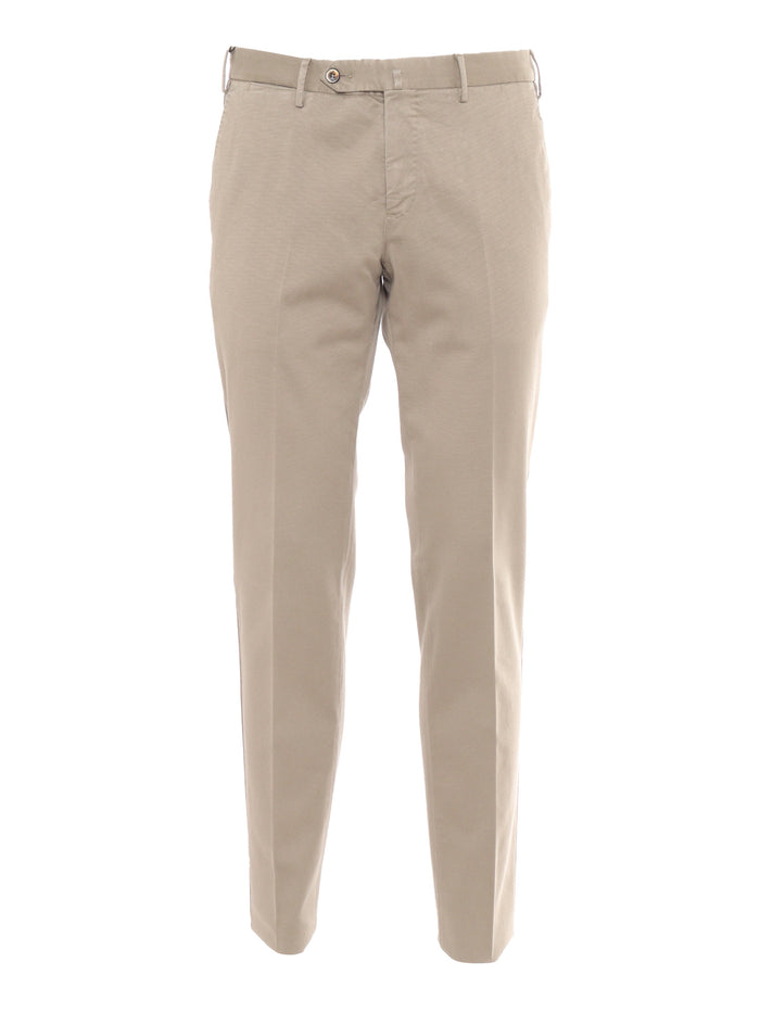SLIM, Flat Front, Diagonal Pockets Beige Cotton Lyocell Elastane Pant