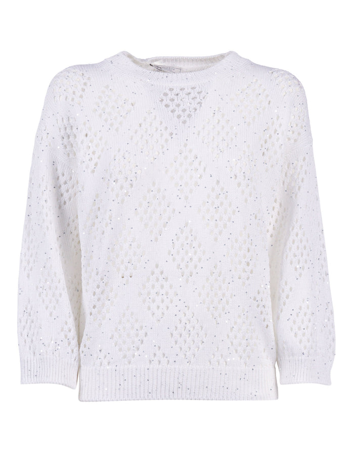 Knitted Sweater White Cotton Polyester Crewneck