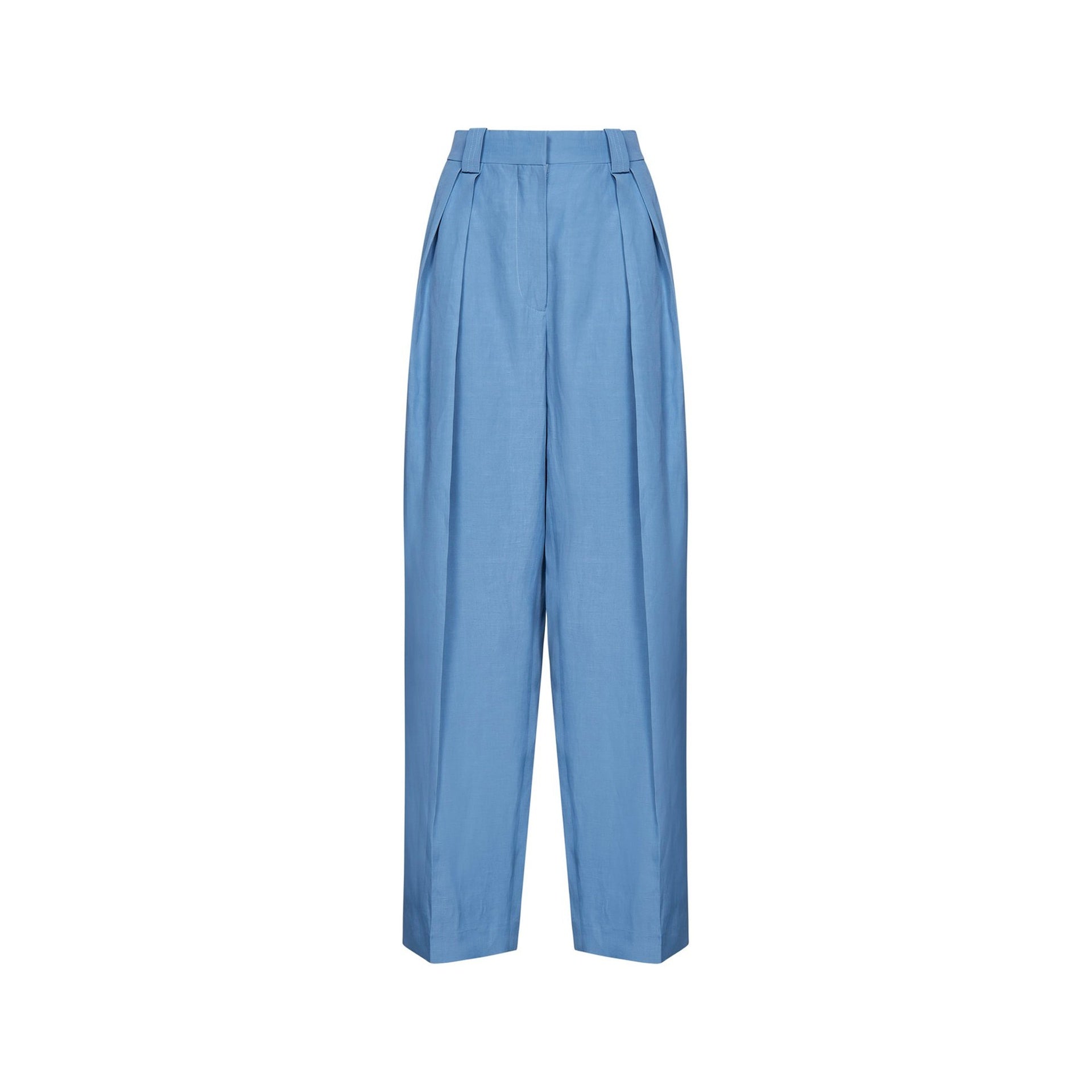 High-Waist Tailored Trousers Blue Linen Viscose