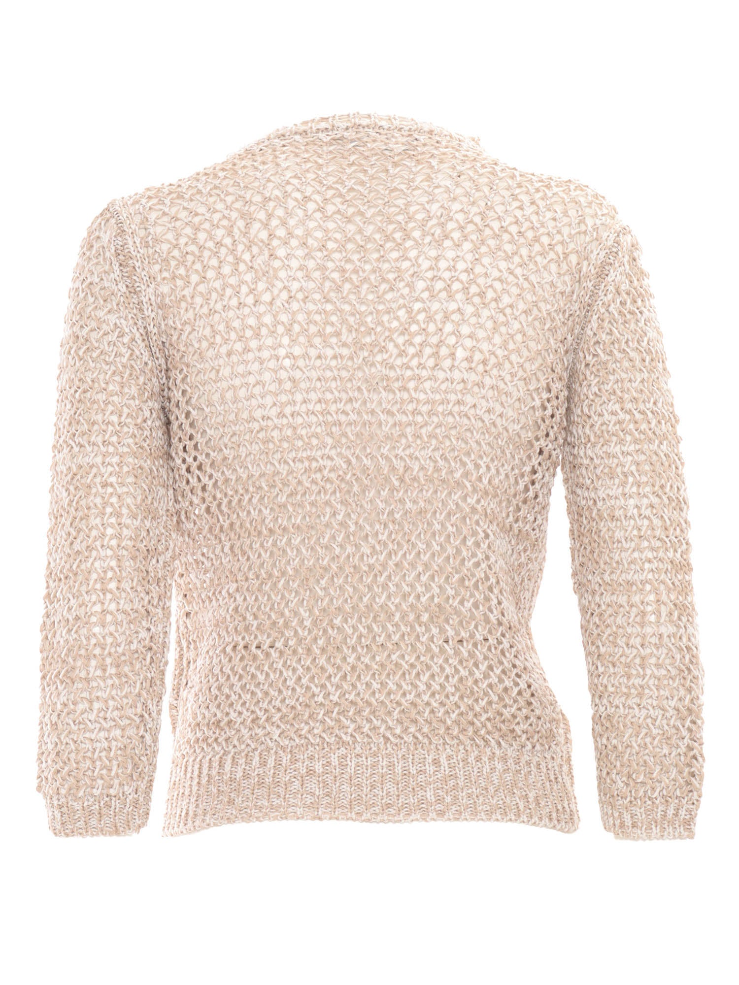 BICOLOR COTTON MESH SHORT SLEEVE SWEATER Beige Crewneck