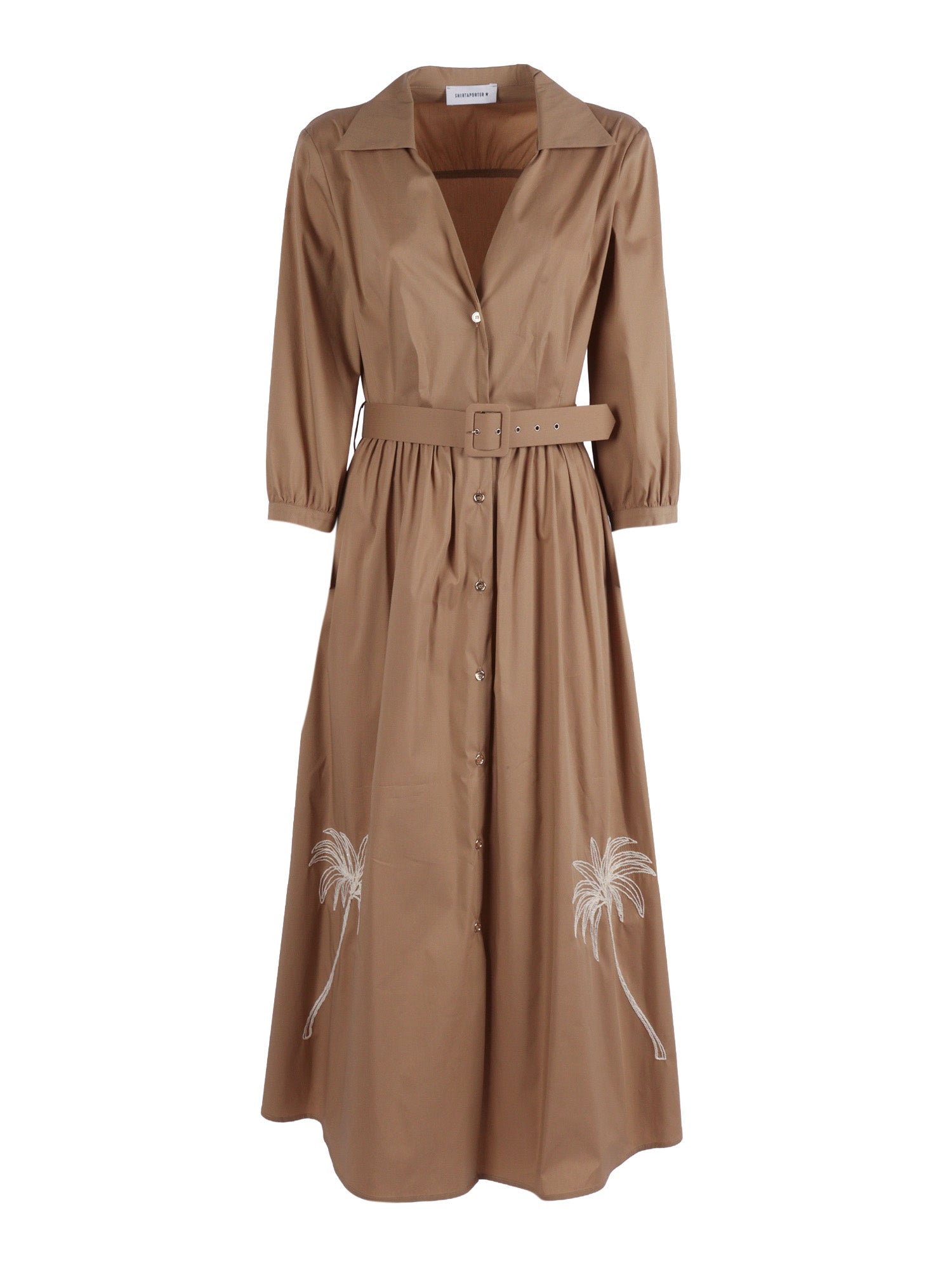 Embroidered Belted Dress Camel Cotton Polyamide Elastane Midi
