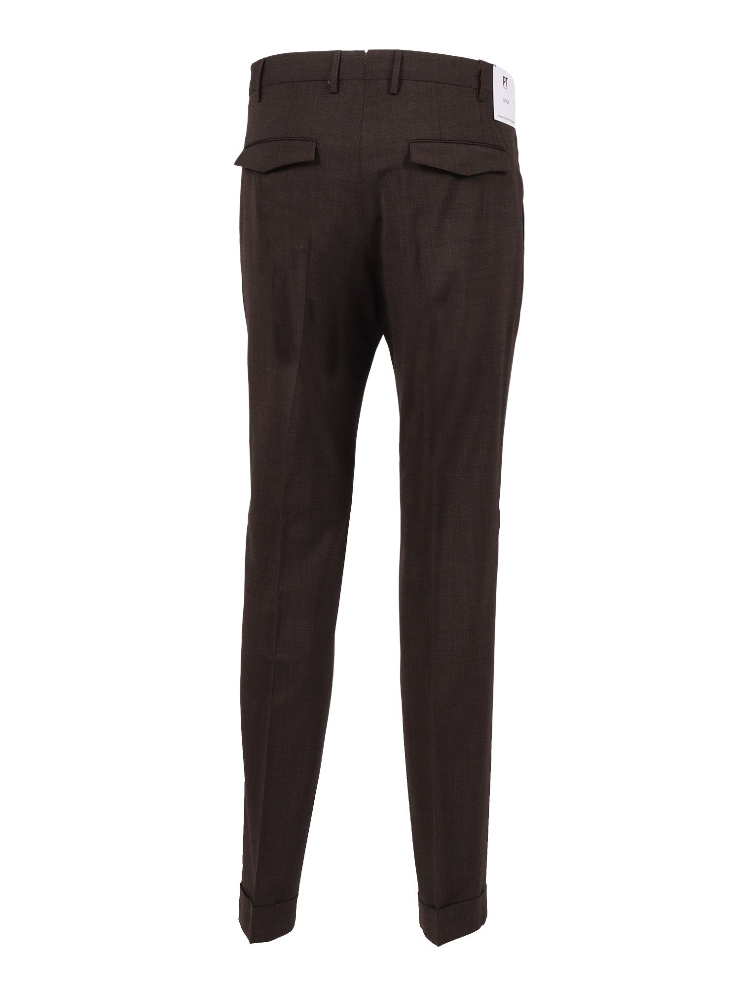 MASTER, 1 Pleat, Diagonal Pockets, Flap Back Turn-Up Brown Virgin Wool Elastane Pant