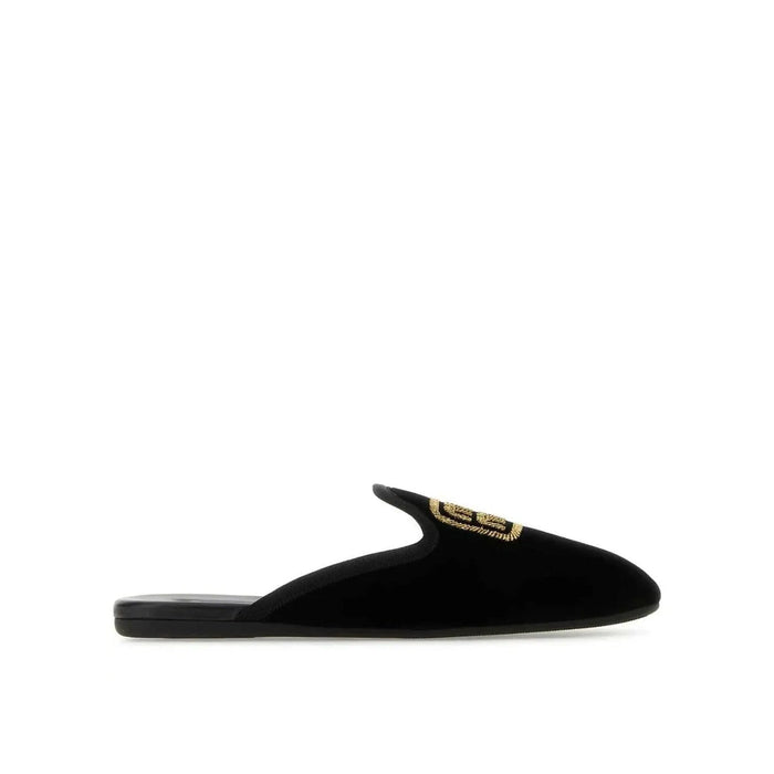 Logo Embroidered Slip-On Mules Black Calf Leather