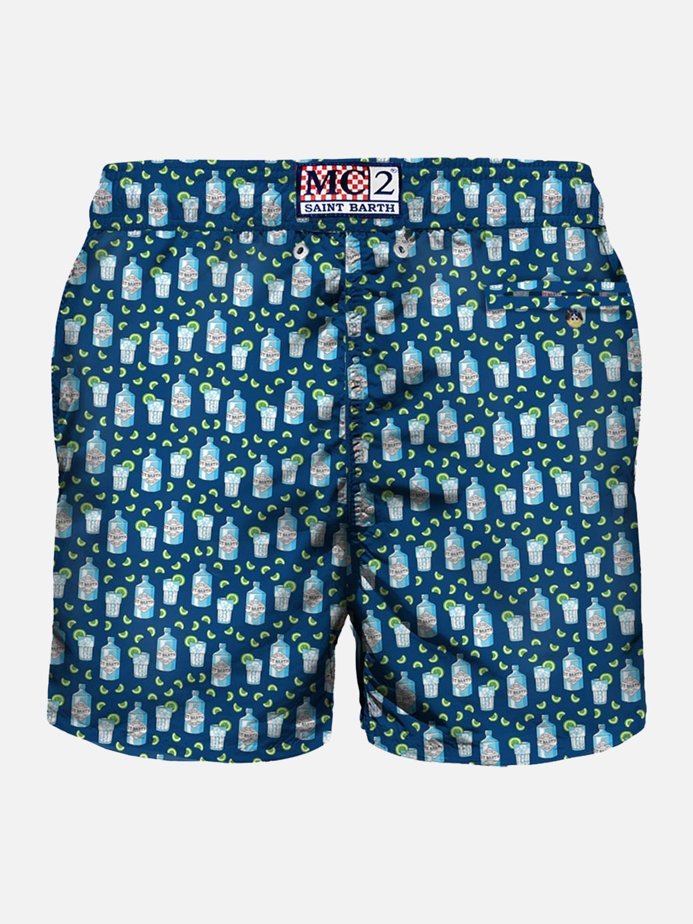 Man Light Fabric Swim Shorts With Gin Bottle Print Blue Swimshort