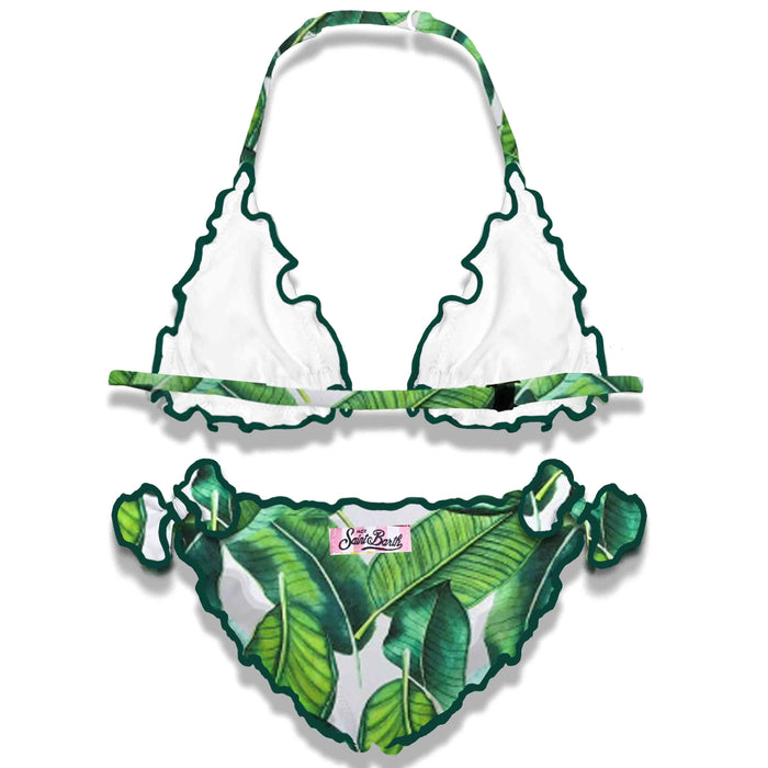 Girl Triangle Bikini With Tropical Print Brown