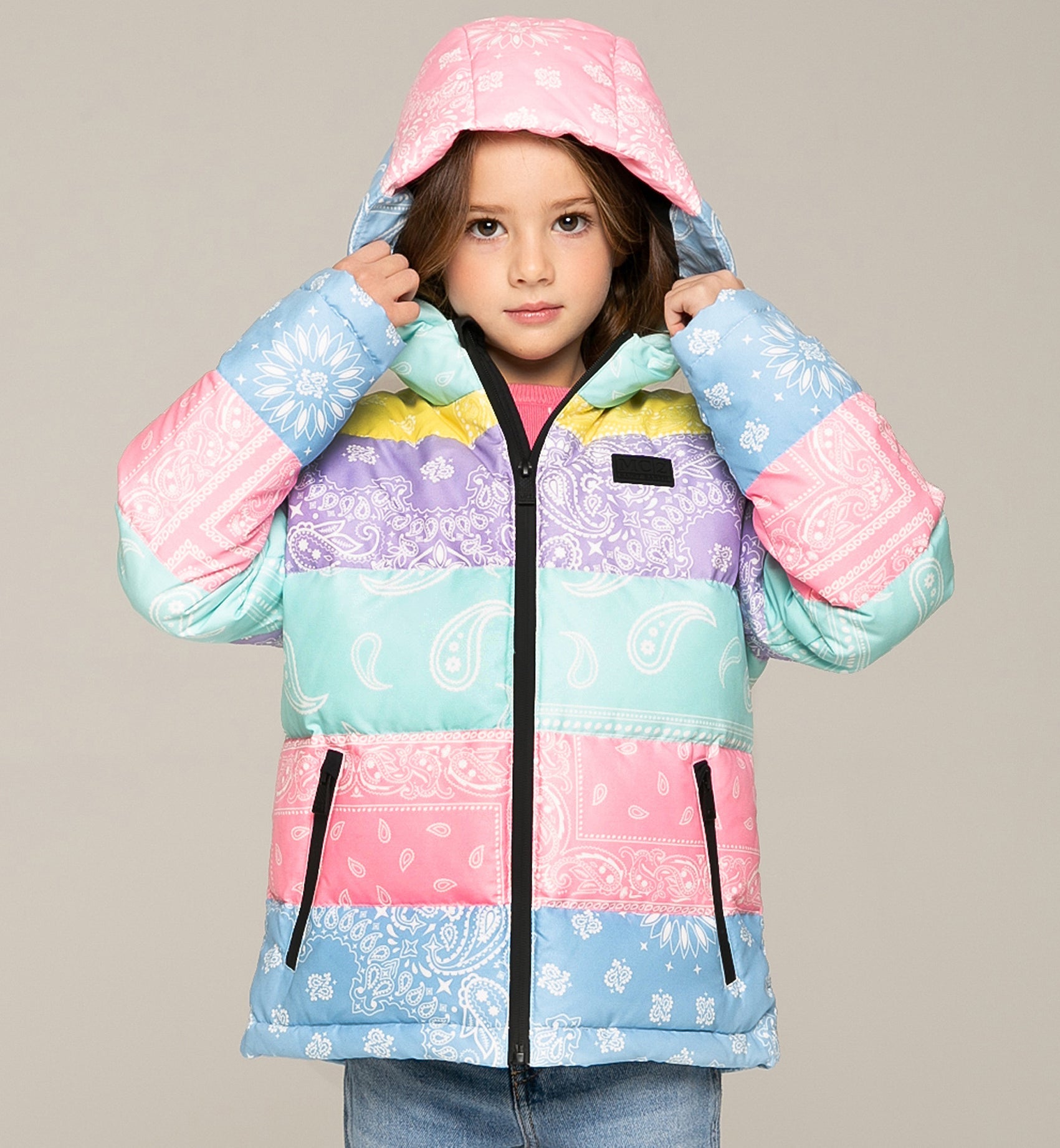 Girl Hooded Down Padded Jacket Bandanna Print