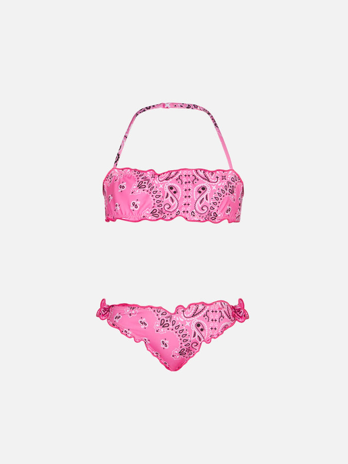 Girl Bandeau Bikini With Pink Bandanna Print __single__