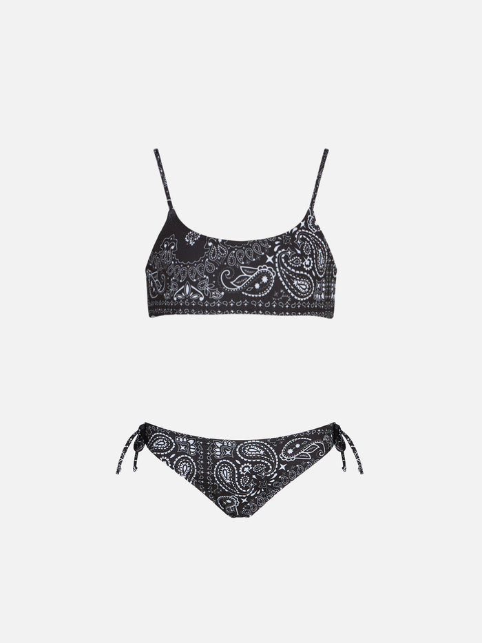 Girl Black Bralette Bikini With Bandanna Print