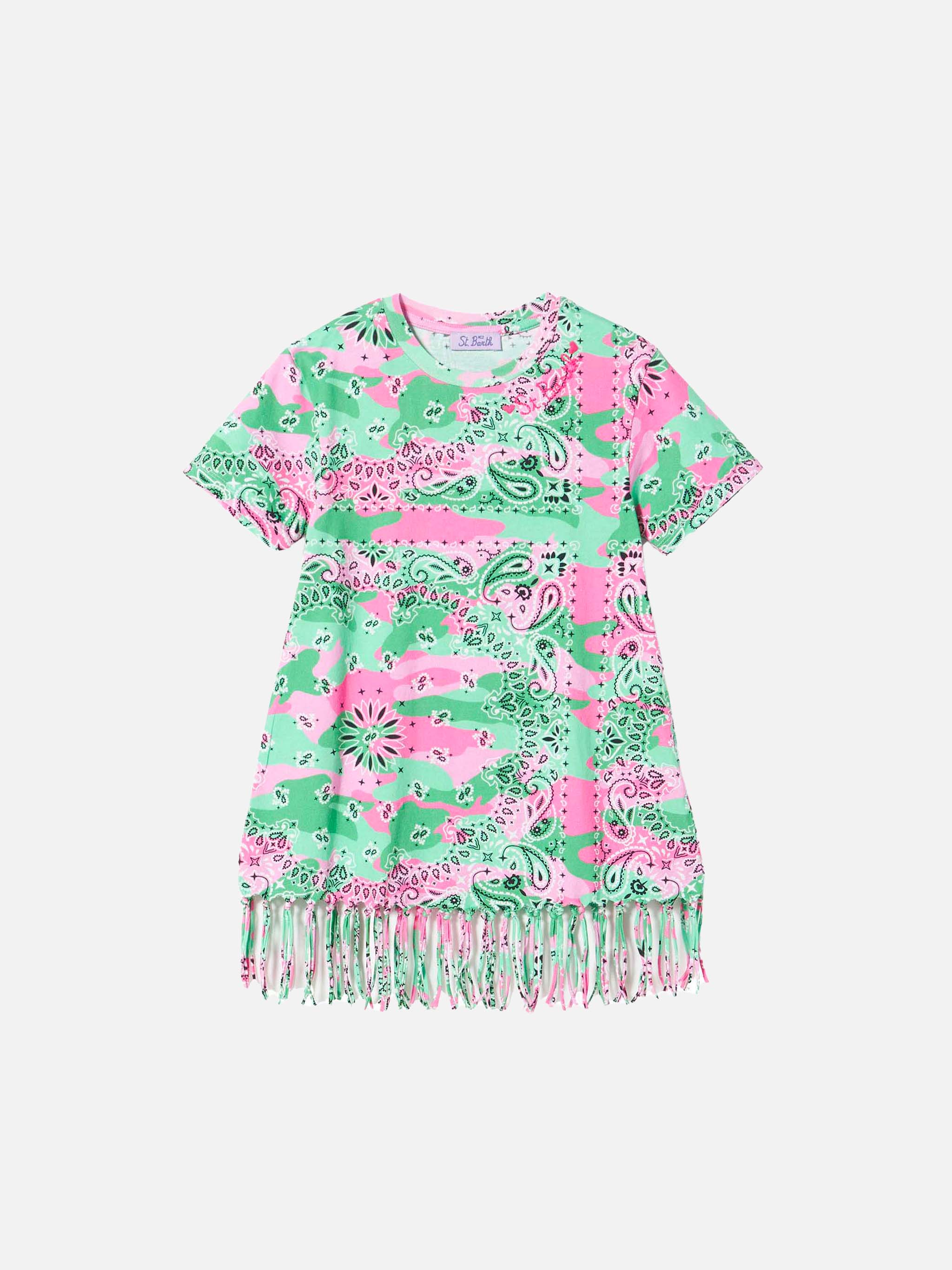 Girl Mimetic Cotton Dress With Fringes Green