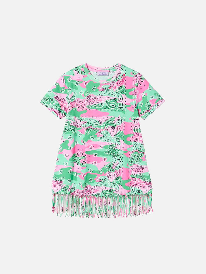 Girl Mimetic Cotton Dress With Fringes __single__