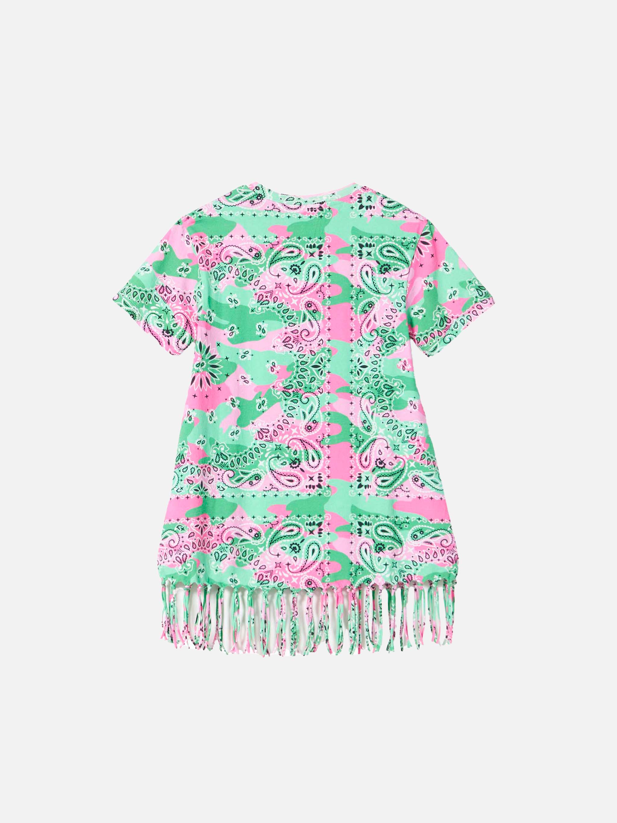 Girl Mimetic Cotton Dress With Fringes Green