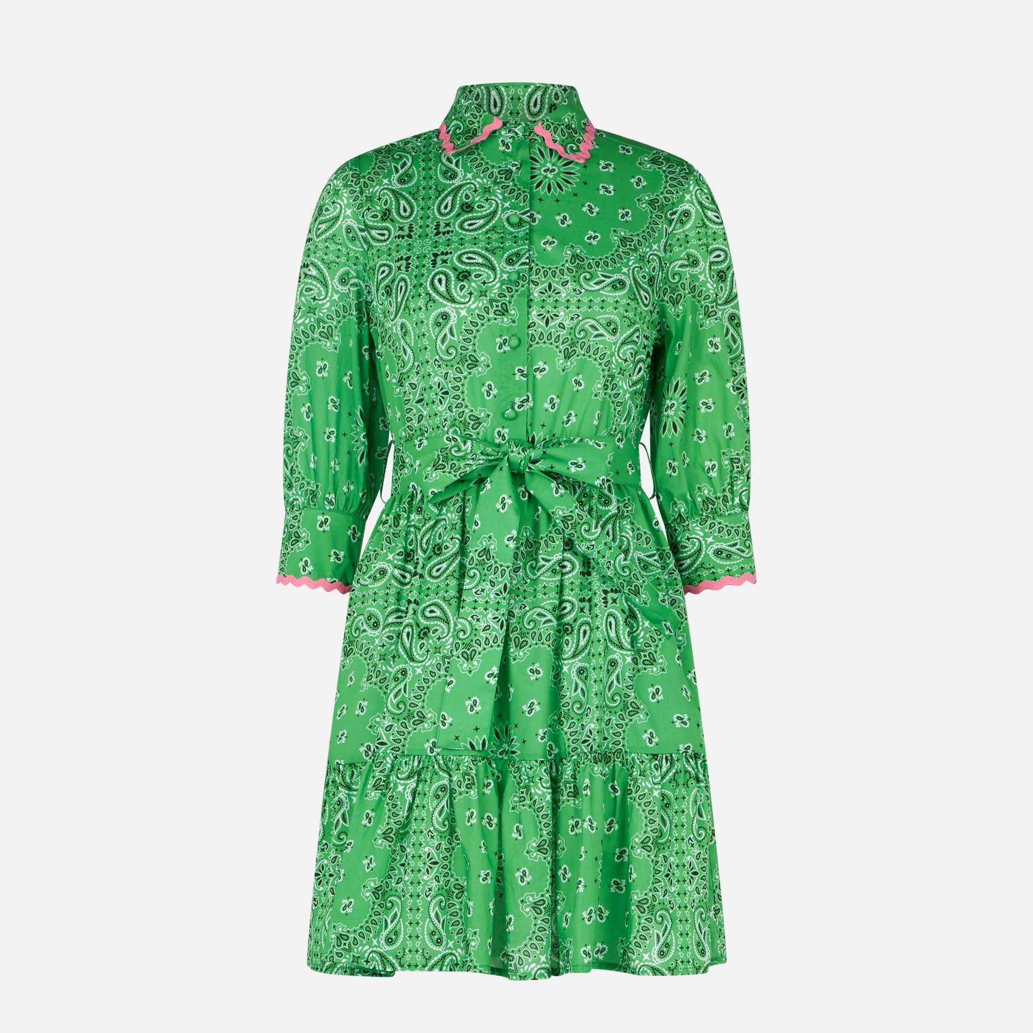 Bandanna Print Cotton Short Dress Daisi With Embroideries Green