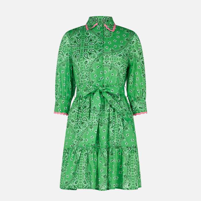Bandanna Print Cotton Short Dress Daisi With Embroideries Green