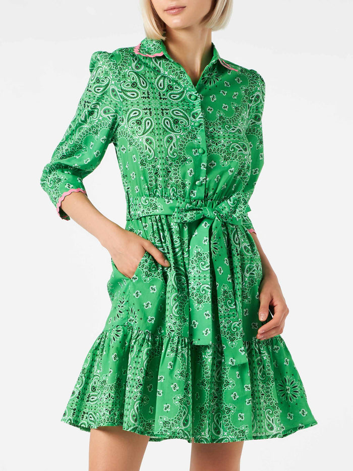 Bandanna Print Cotton Short Dress Daisi With Embroideries Green