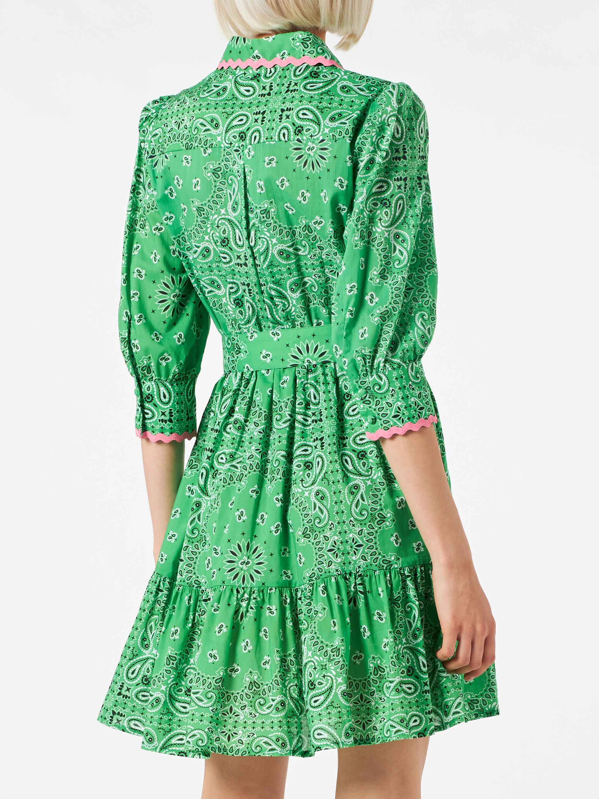 Bandanna Print Cotton Short Dress Daisi With Embroideries Green