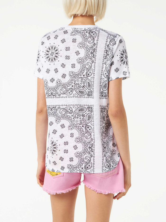 White Scarlett Linen T-Shirt With Bandana Print