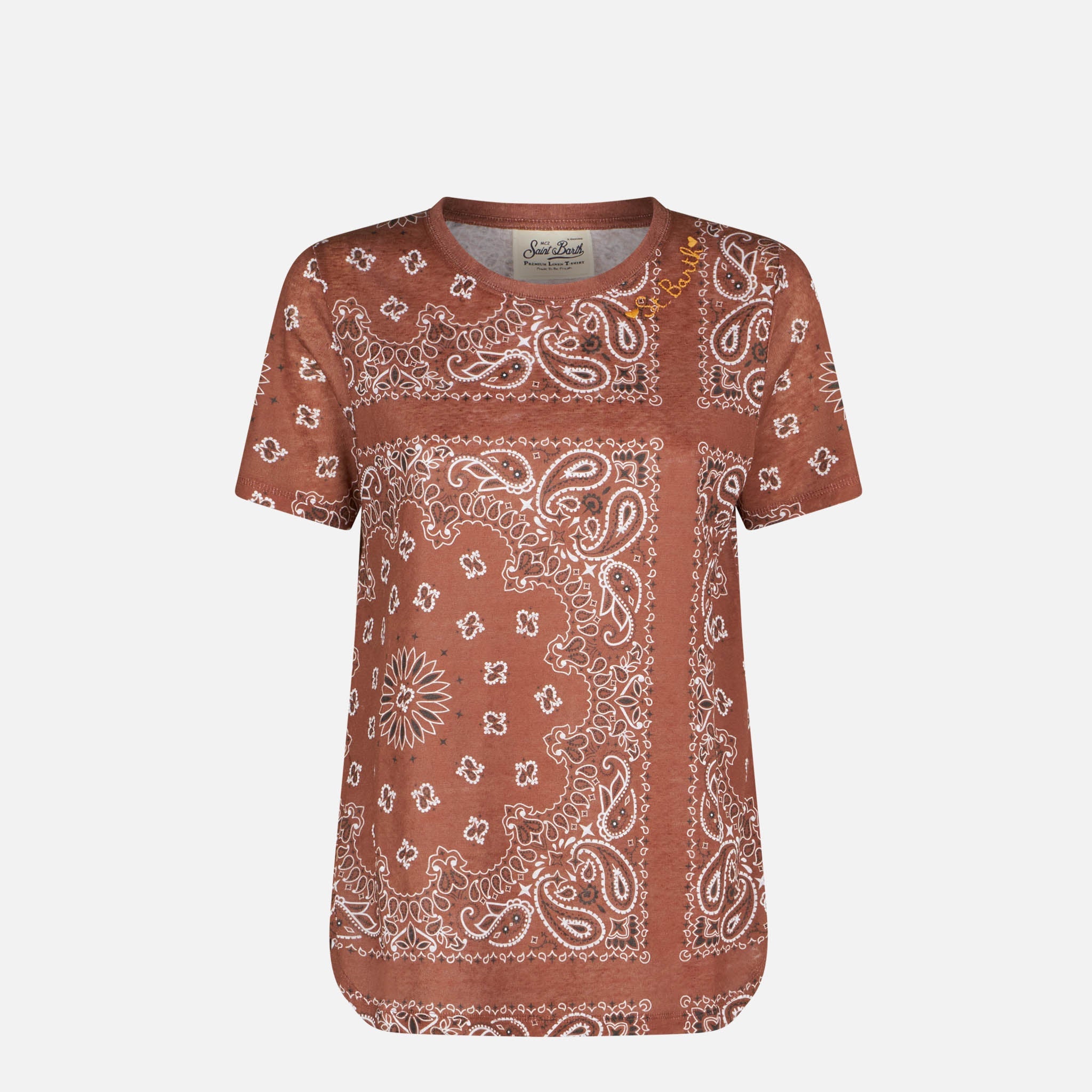 Brown Scarlett Linen T-Shirt With Bandana Print