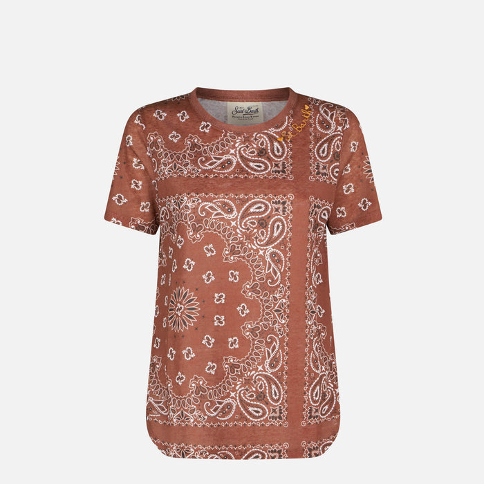 Brown Scarlett Linen T-Shirt With Bandana Print