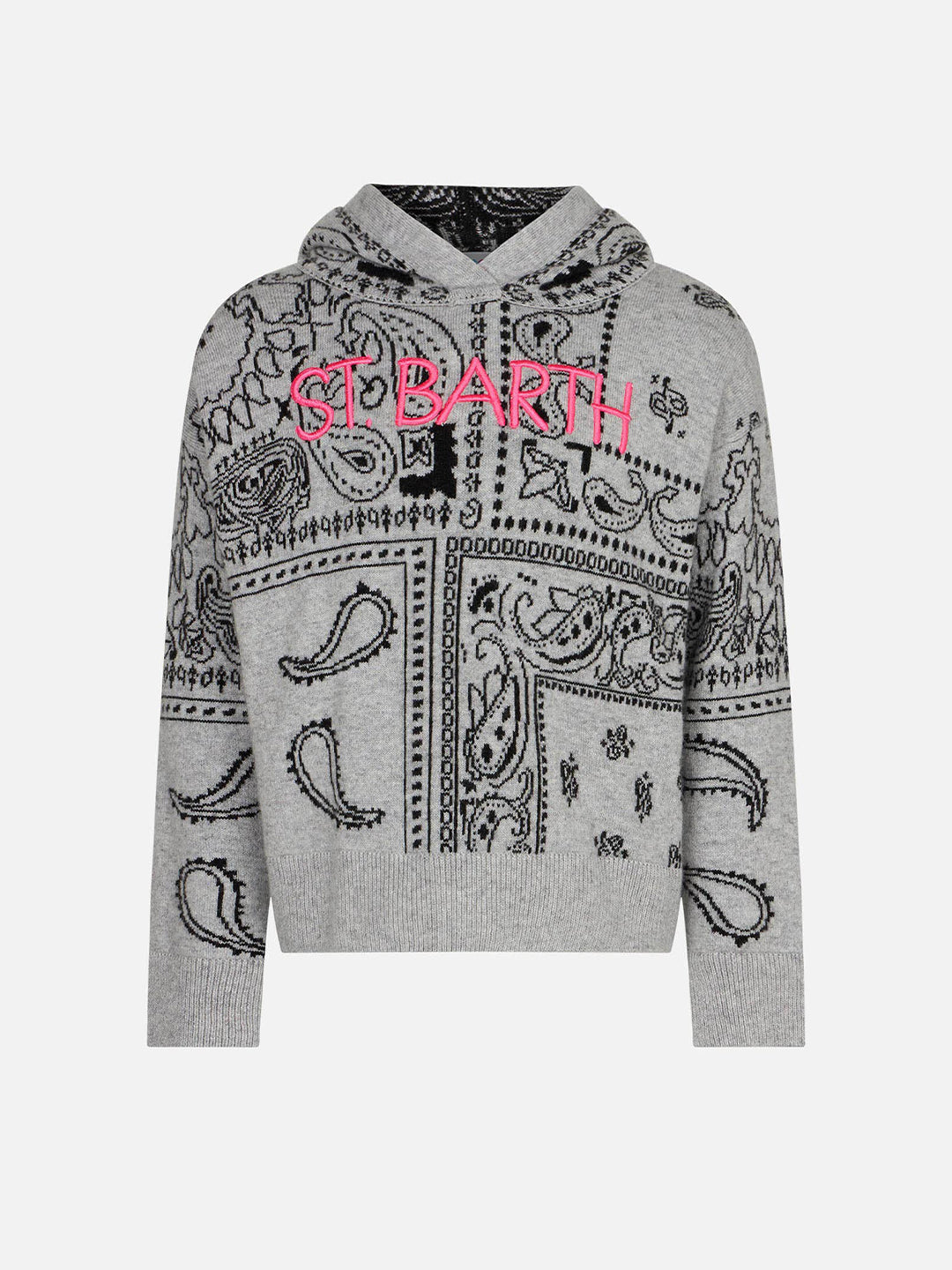 Girl Cropped Knit Hoodie With Bandanna Print Knitwear