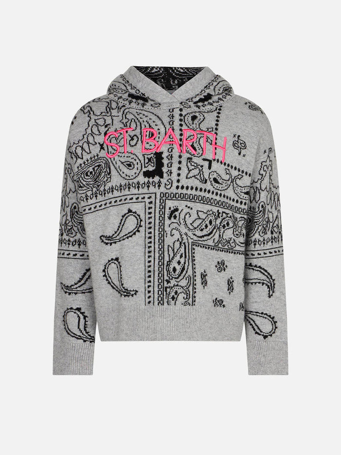 Girl Cropped Knit Hoodie With Bandanna Print Knitwear