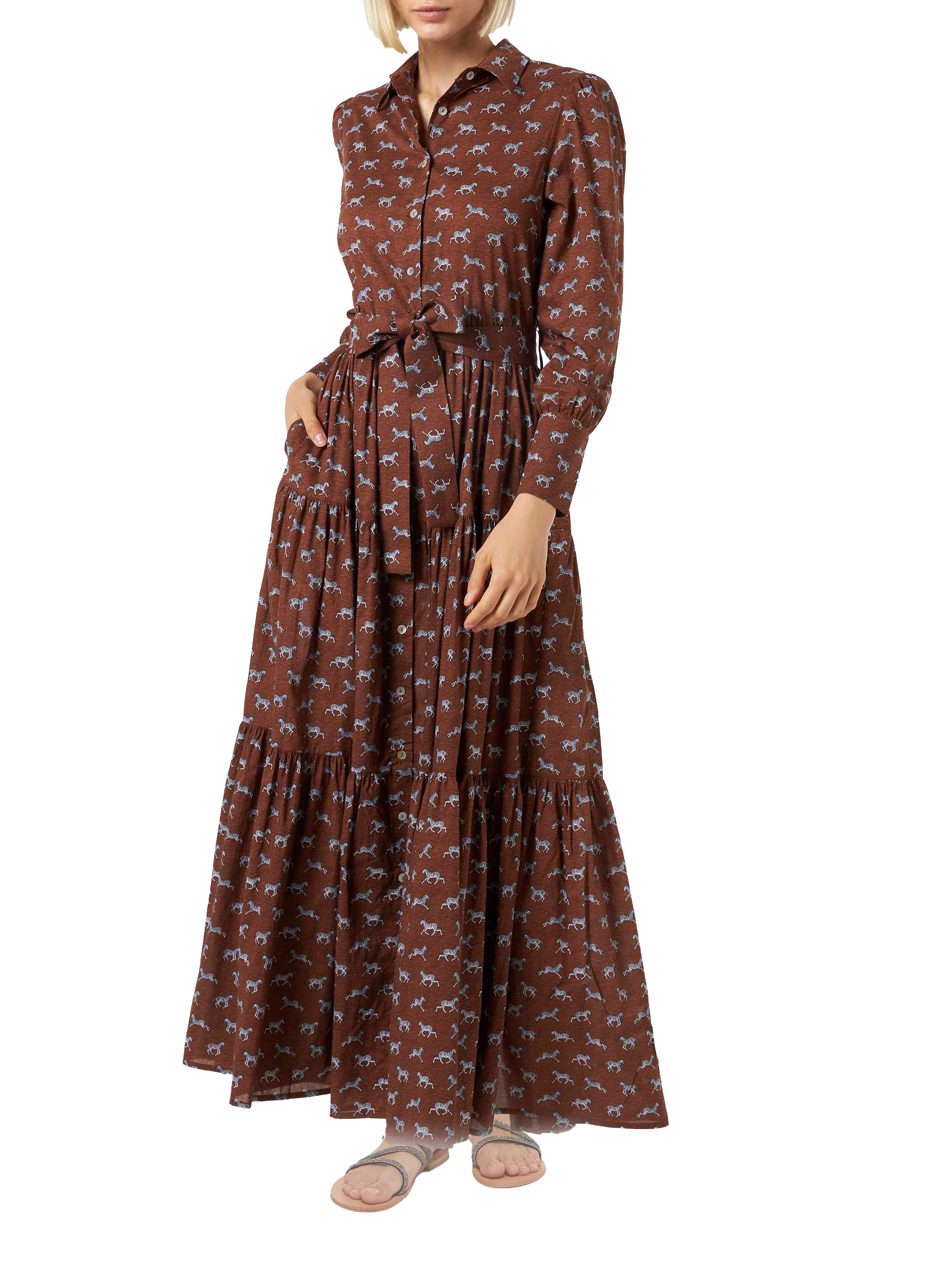 Brown Jensen Cotton Long Dress With Zebra Print