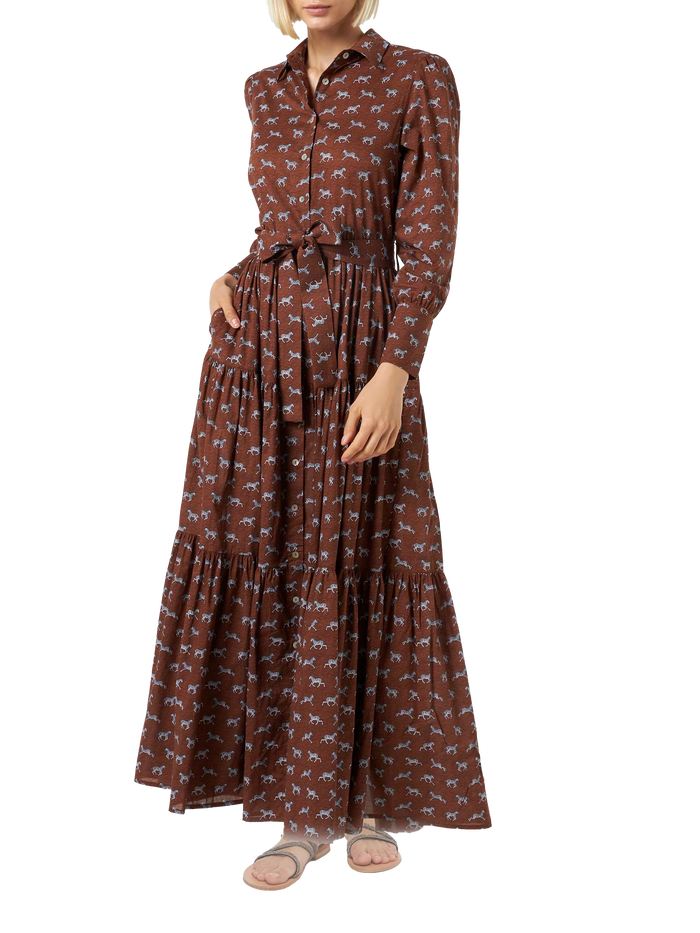 Brown Jensen Cotton Long Dress With Zebra Print