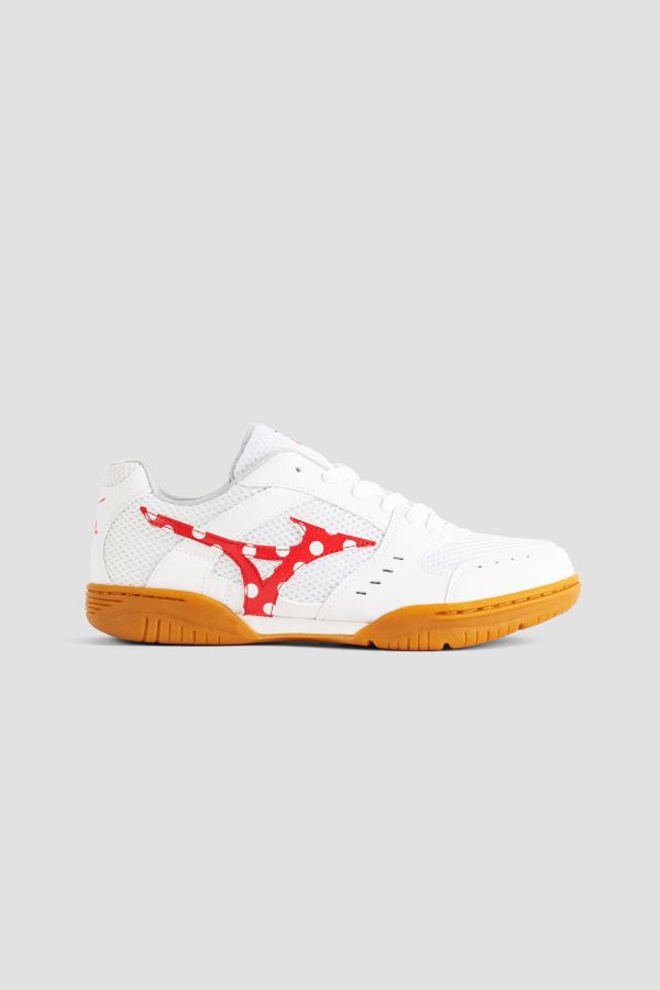 Comme des Garçons Leather and mesh upper; gum rubber sole sneaker in white