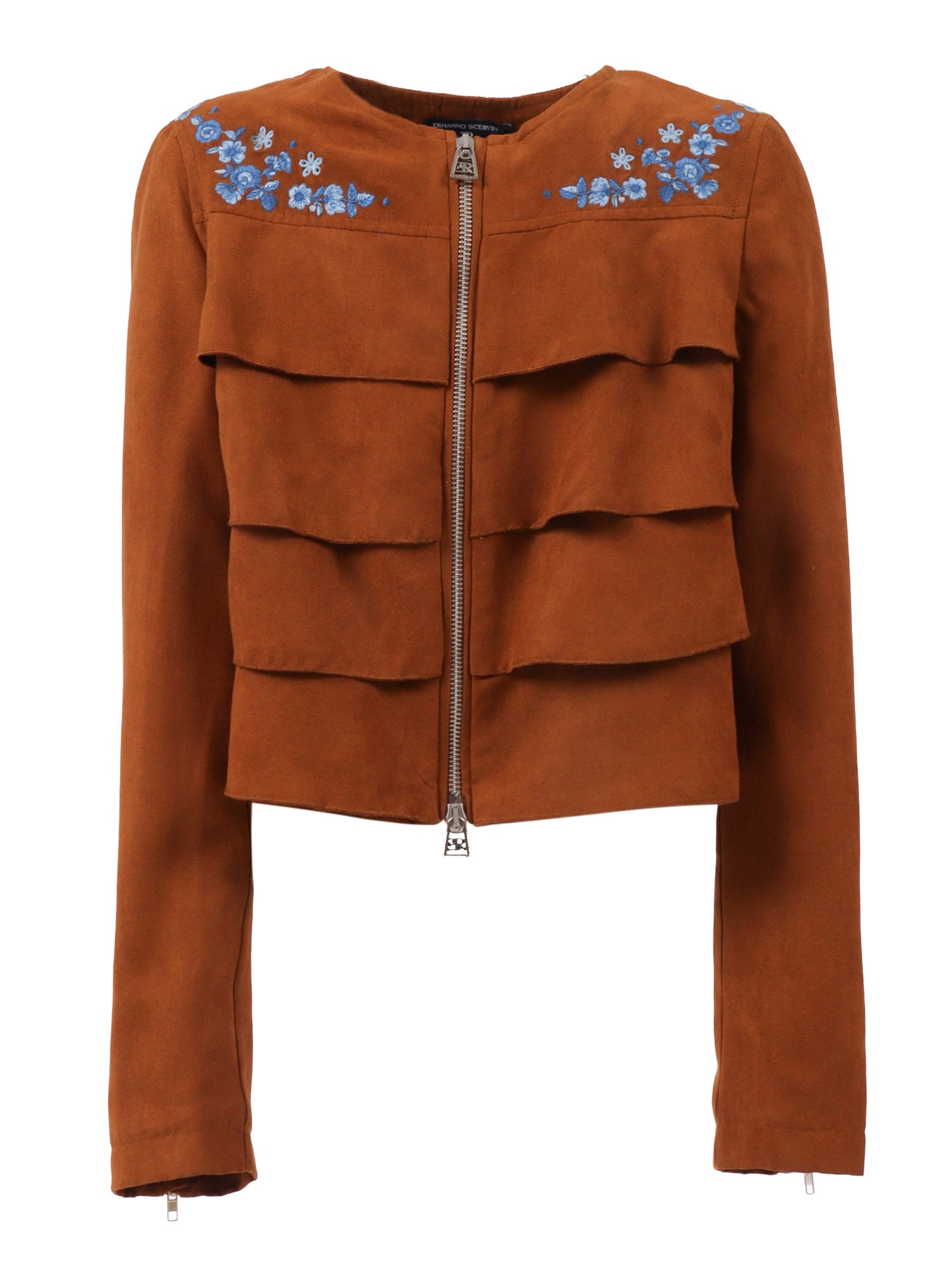 JACKET WITH EMBROIDERY AND FRILLS Brown Polyester Lining Viscose