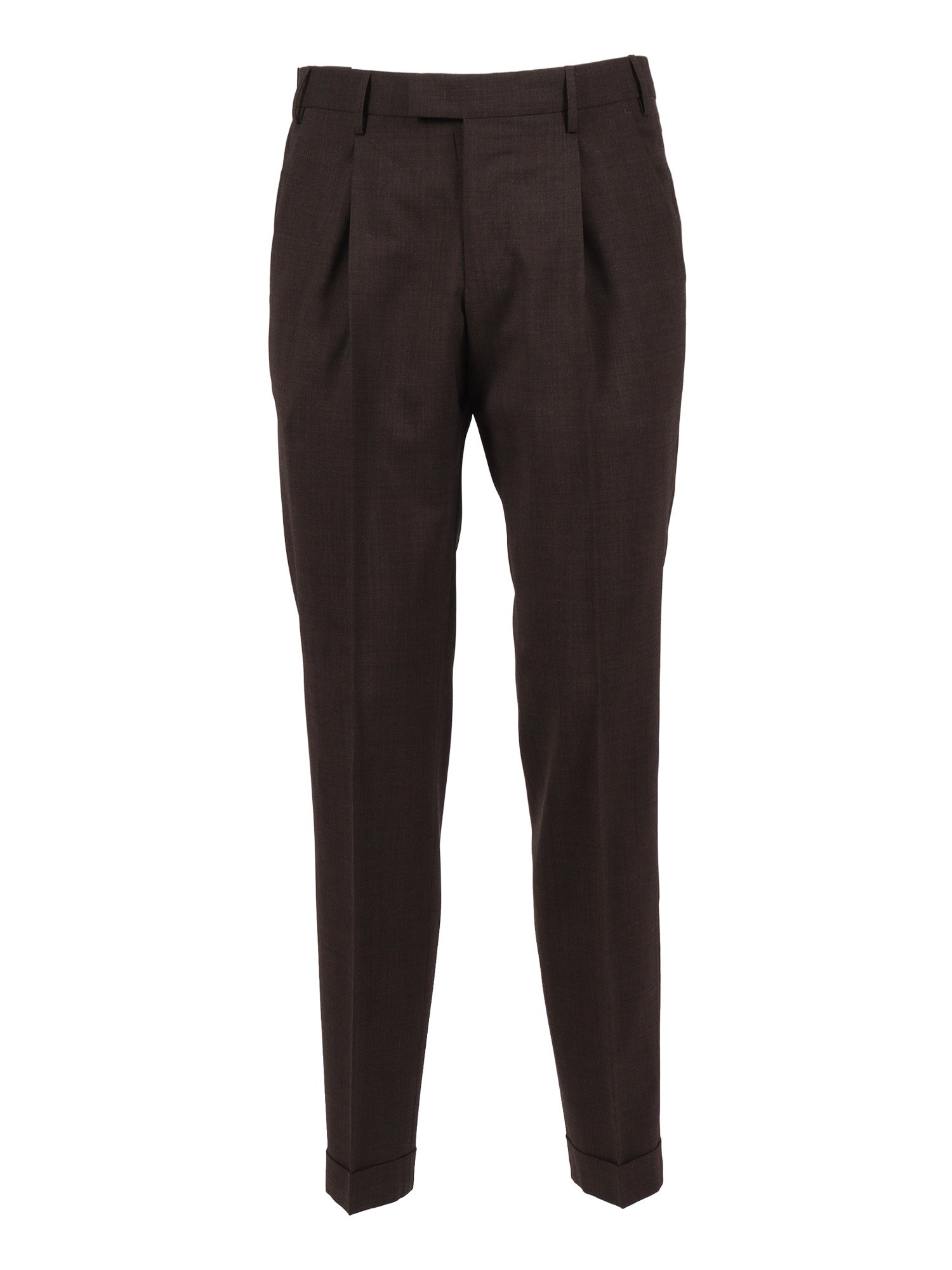 MASTER, 1 Pleat, Diagonal Pockets, Flap Back Turn-Up Brown Virgin Wool Elastane Pant