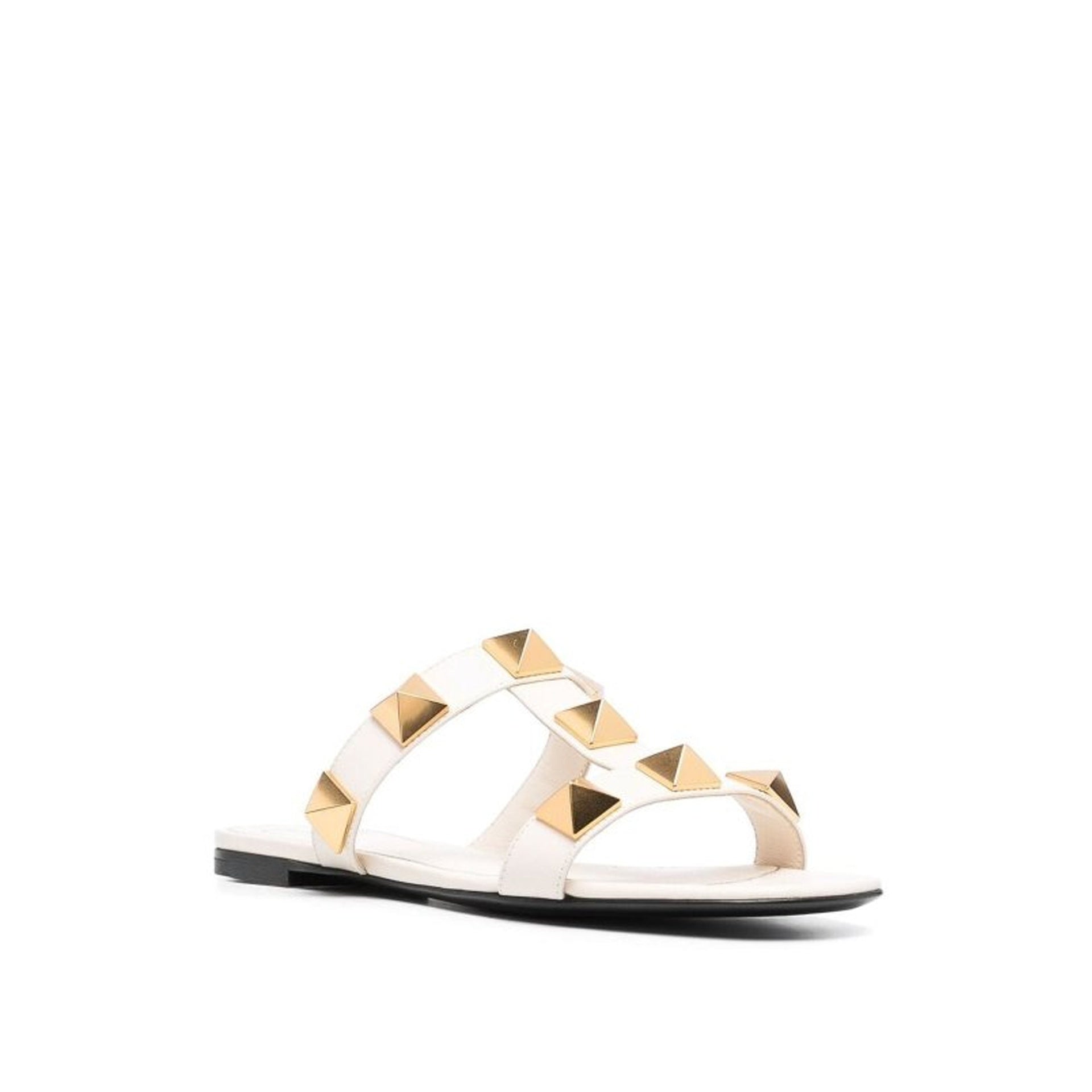 Garavani Roman Stud Leather Flat Sandals White Calf