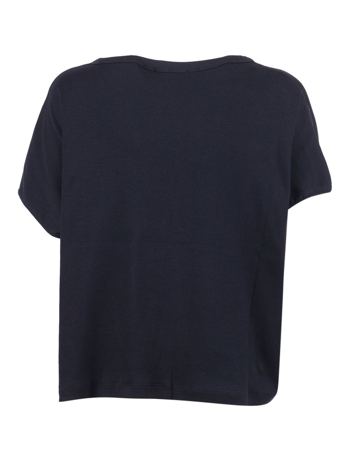 Ribbed Jersey T-Shirt With Knit Detail On Shoulder Blue Cotton Elastane