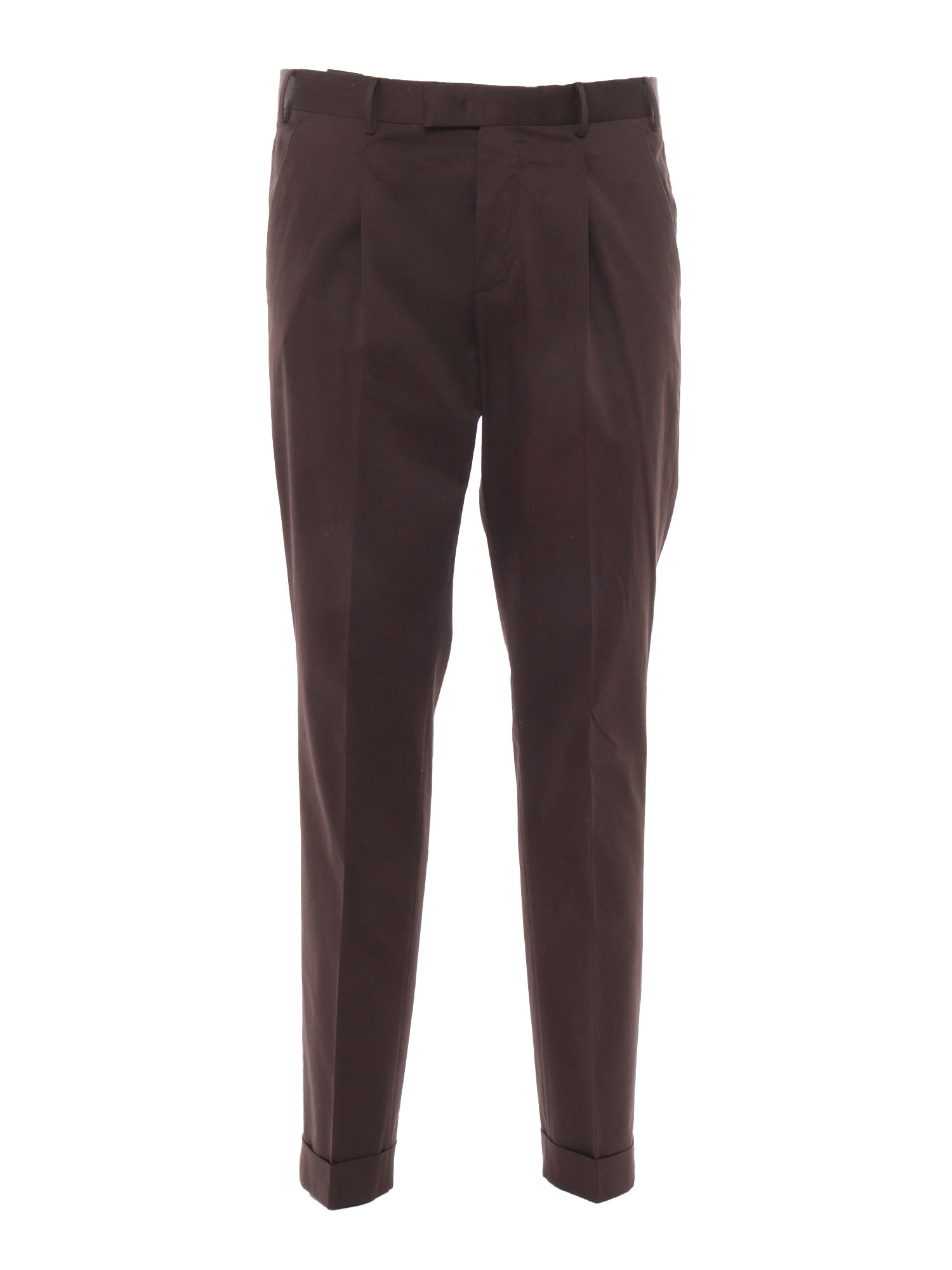 Trousers - MASTER, 1 Pleat, Diagonal Pockets, Flap Back Turn-Up Brown Cotton Elastane Pant