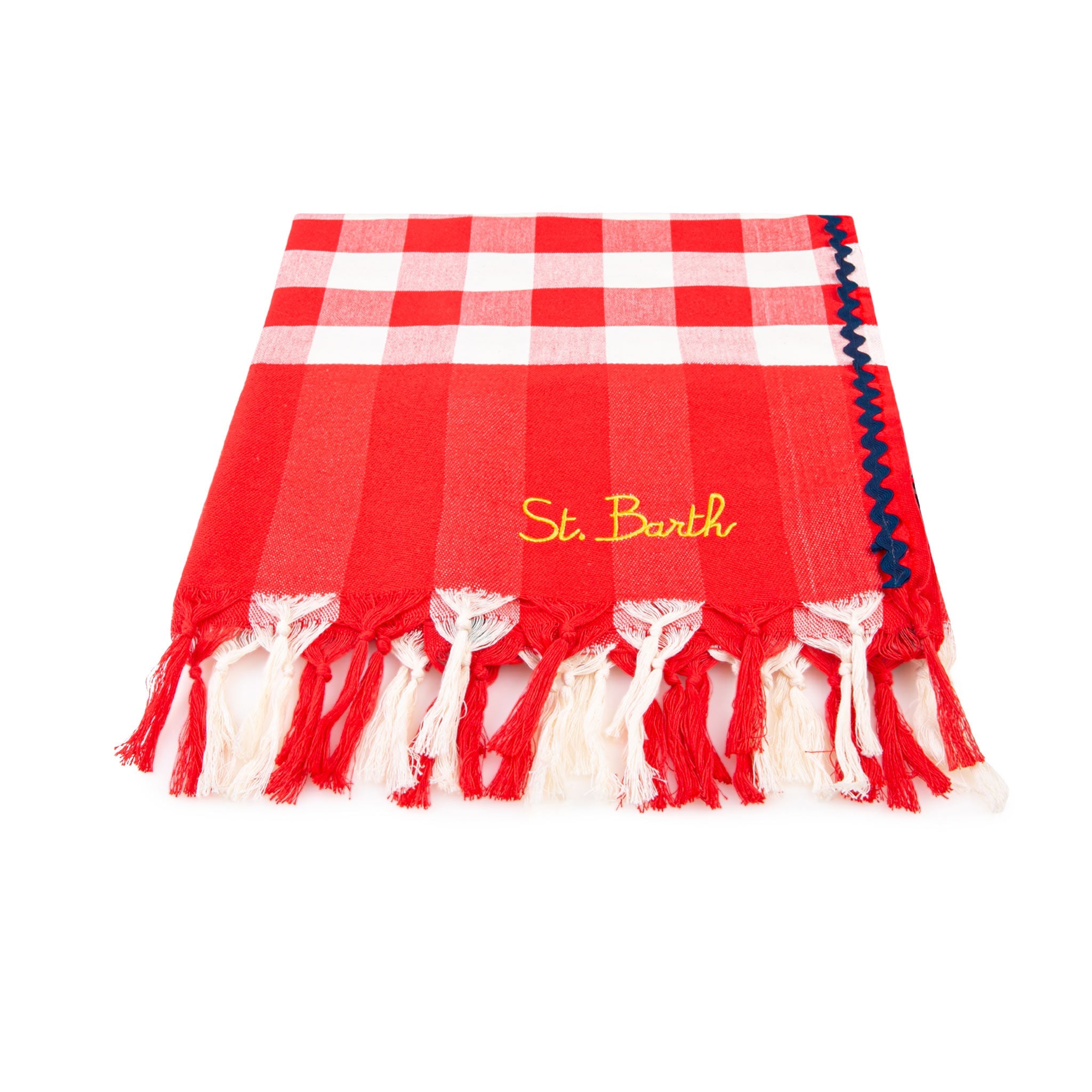 Fouta With Navy Blue Wave Trim And Gingham Print Red Towel