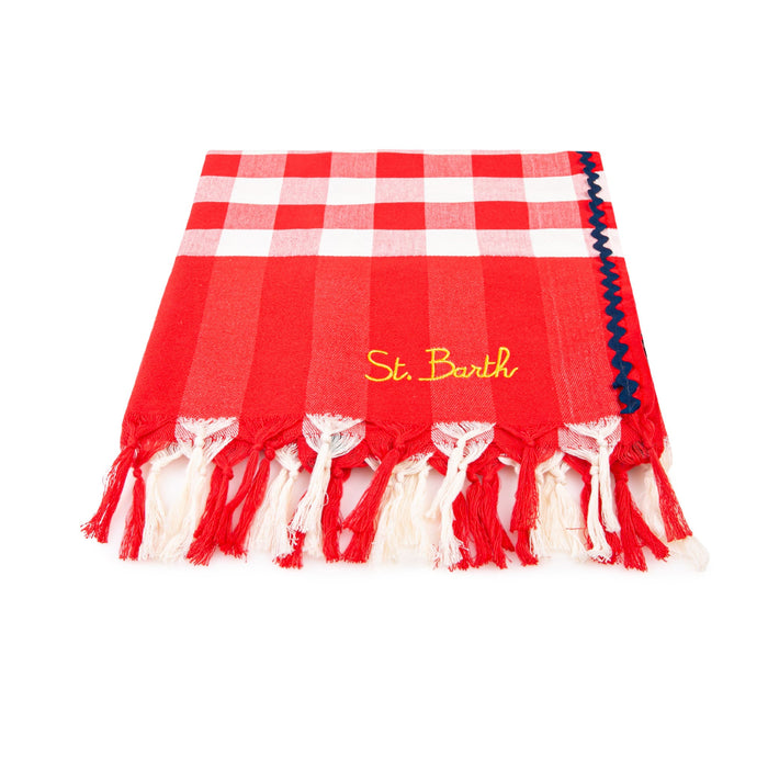 Fouta With Navy Blue Wave Trim And Gingham Print Red Towel