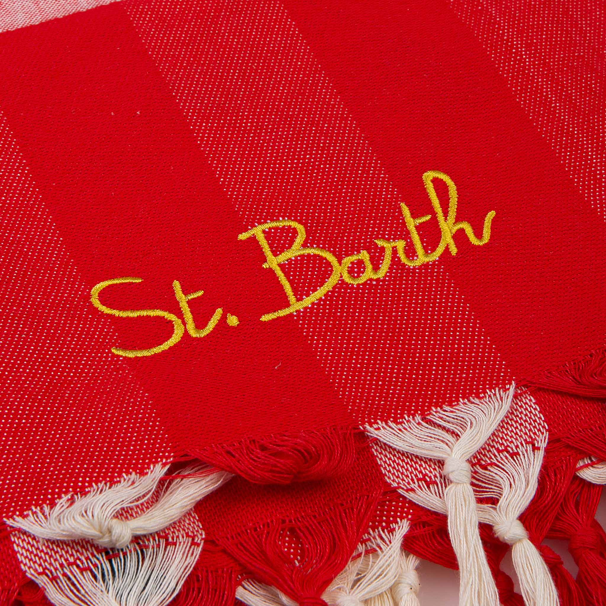 Fouta With Navy Blue Wave Trim And Gingham Print Red Towel