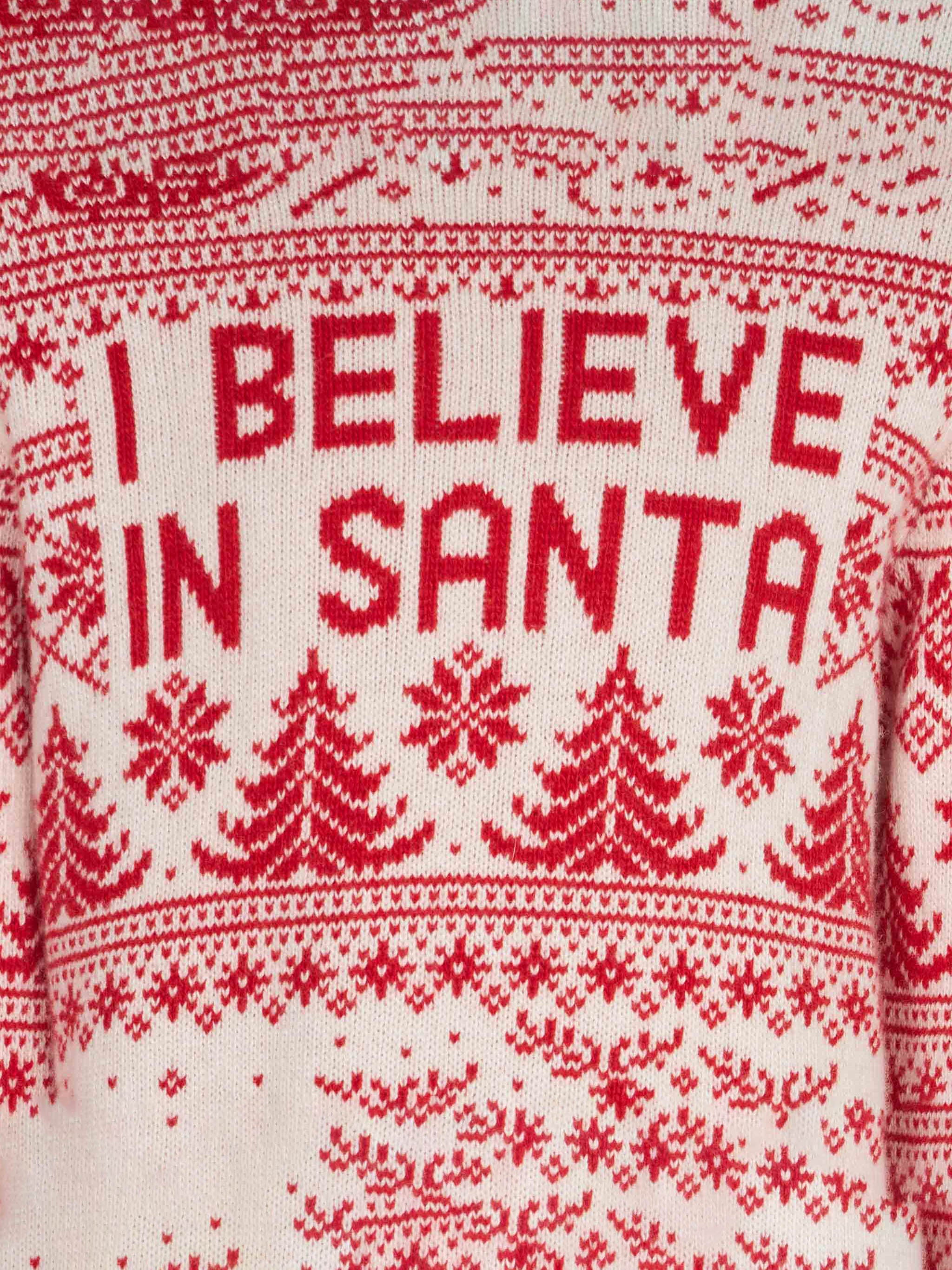 Girl Sweater With I Believe Santa Jacquard White