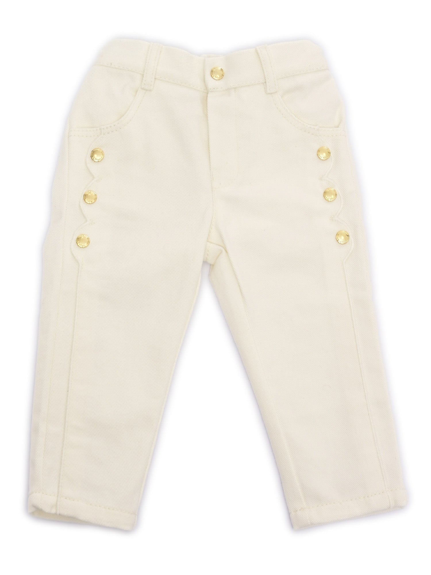 Five-pocket organic drill pants with scallops on front. Waist and zipper fly closure, Chlo� branded button. Paris cow leather label at back (leather source : Italy). Model inspired by the adult collections. White Cotton Lining Jean