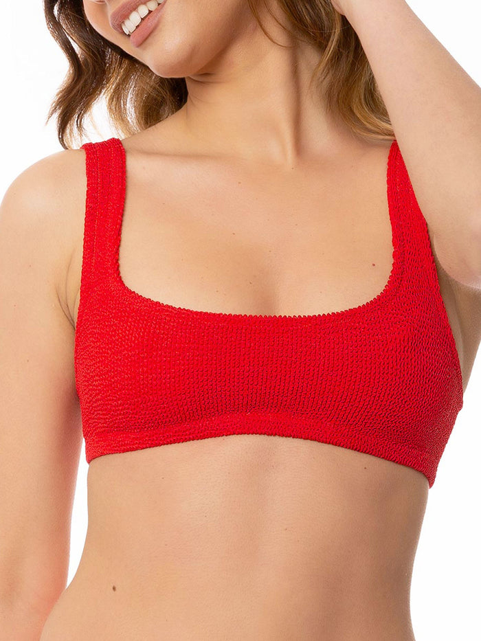 Woman Red Crinkle Bralette Top Swimsuit