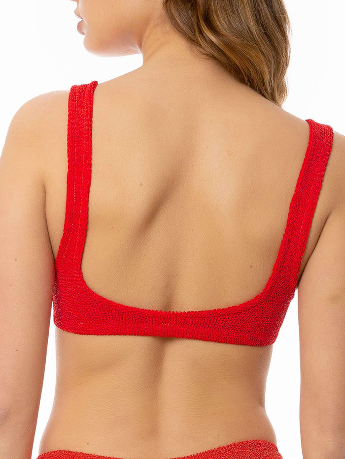 Woman Red Crinkle Bralette Top Swimsuit