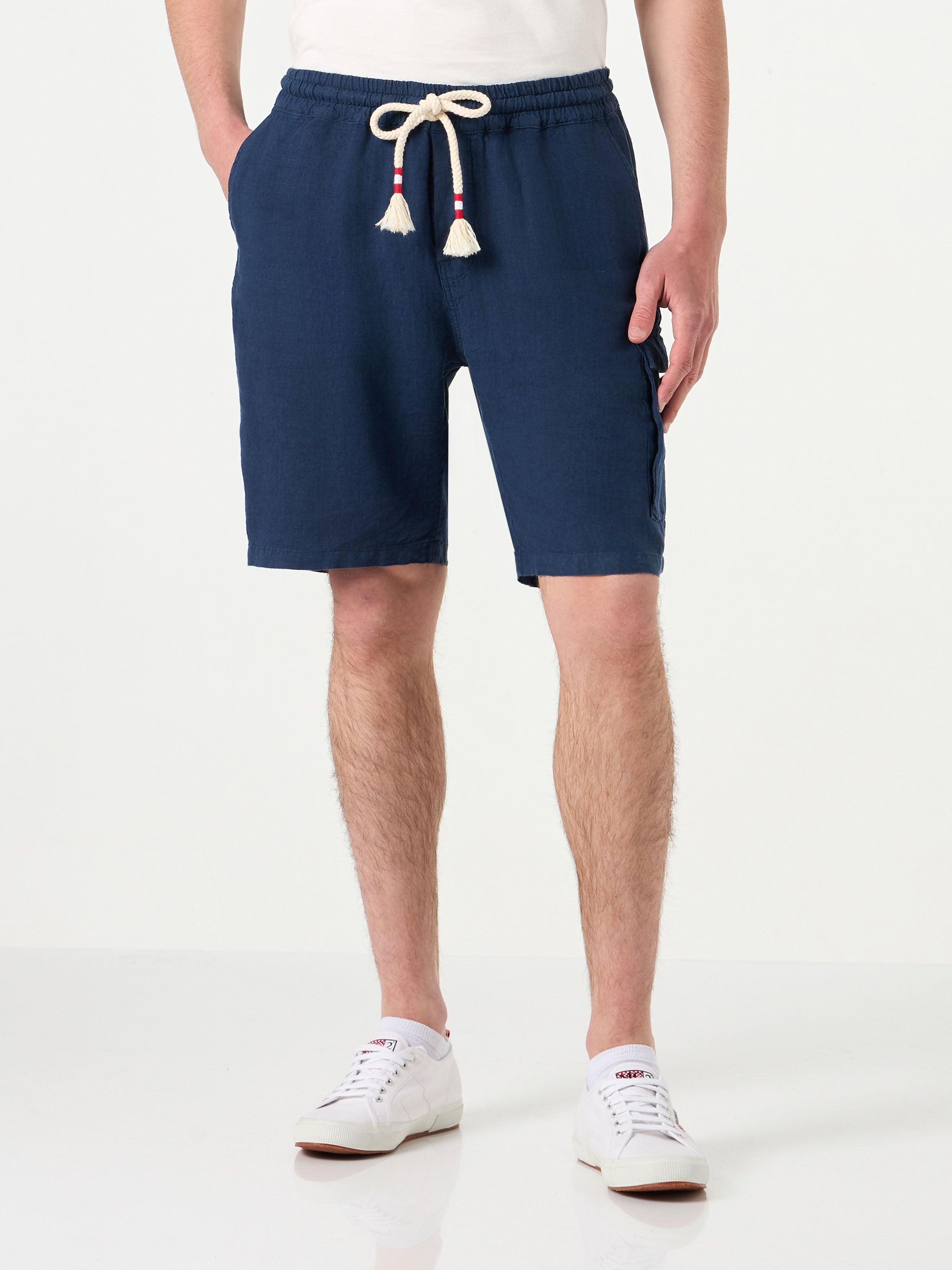 Man Linen Blue Navy Bermuda Shorts Pant
