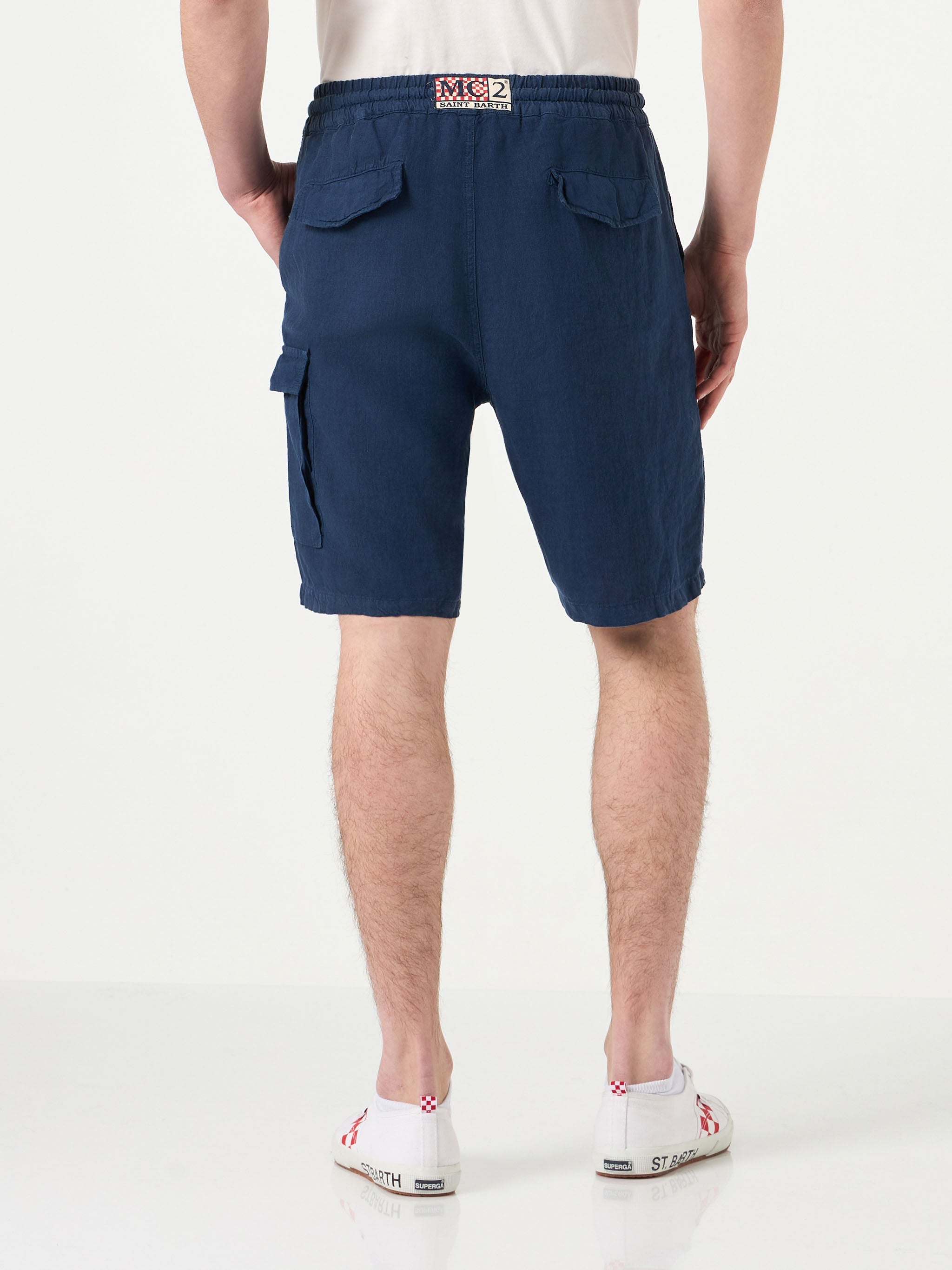 Man Linen Blue Navy Bermuda Shorts Pant