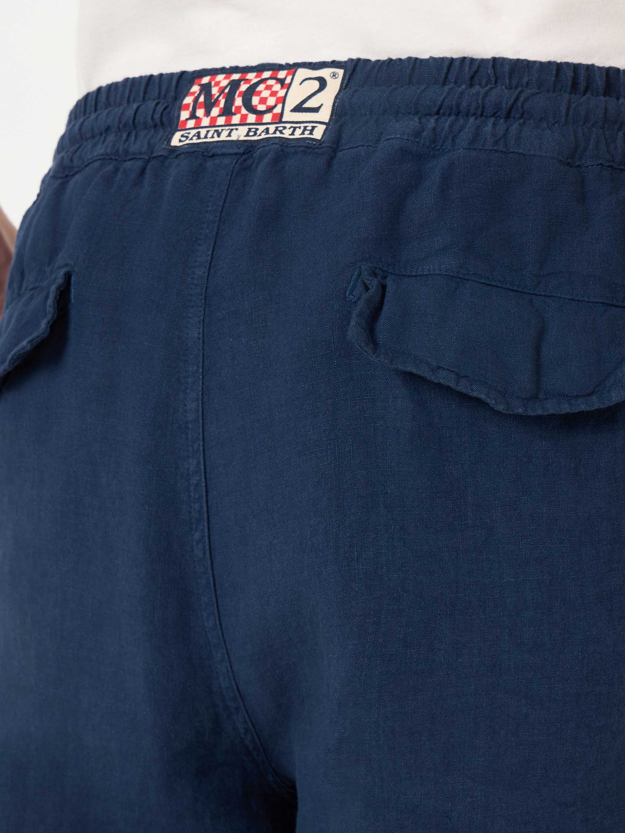 Man Linen Blue Navy Bermuda Shorts Pant