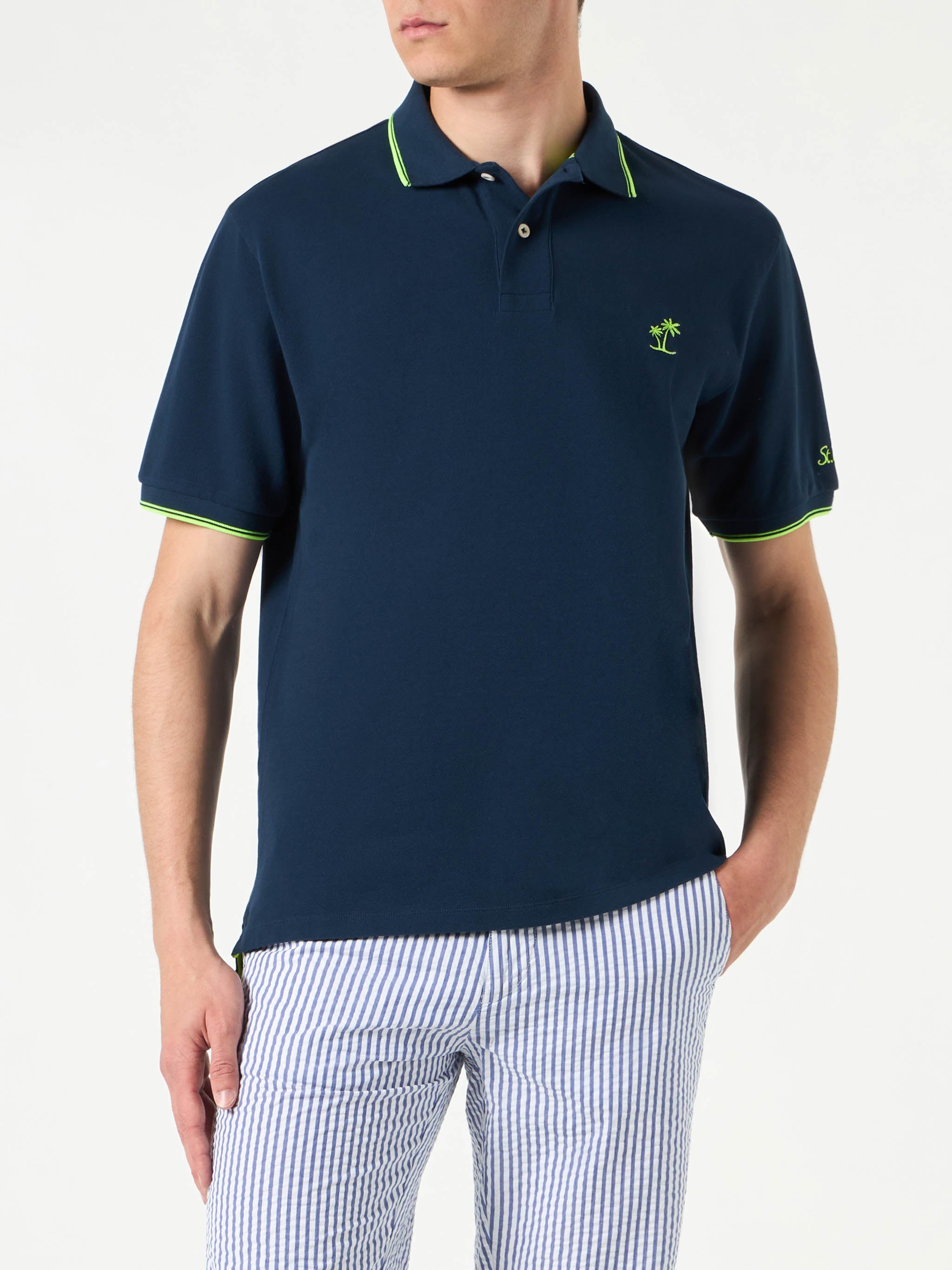 Blue Piquet Polo With St. Barth Logo And Contrasts Shirt