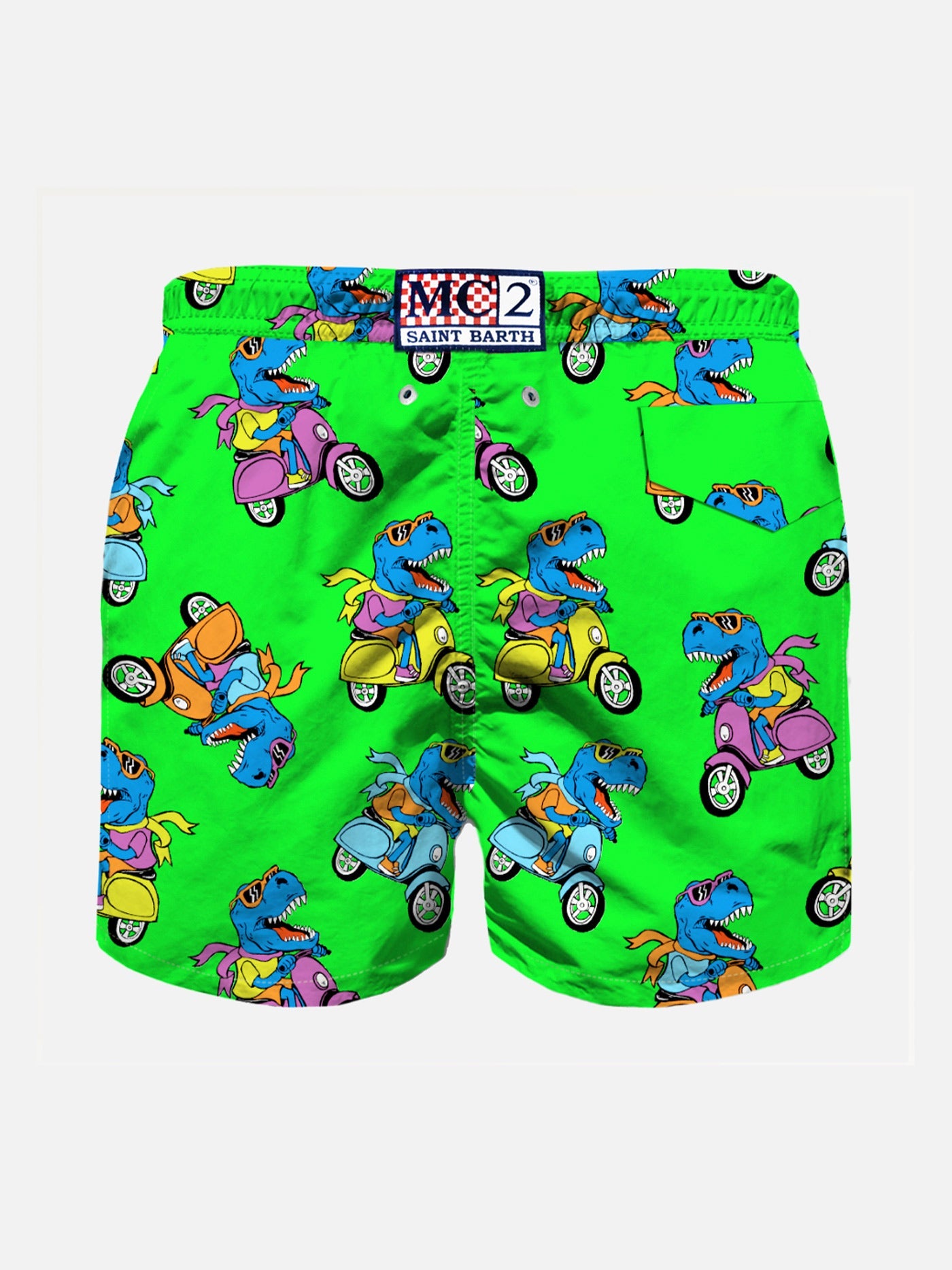 Boy Swim Shorts With Multicolor Rider T-Rex Green Swimshort