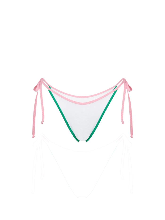 White Terry Marielle String Swim Briefs With Piping Pink Bottom