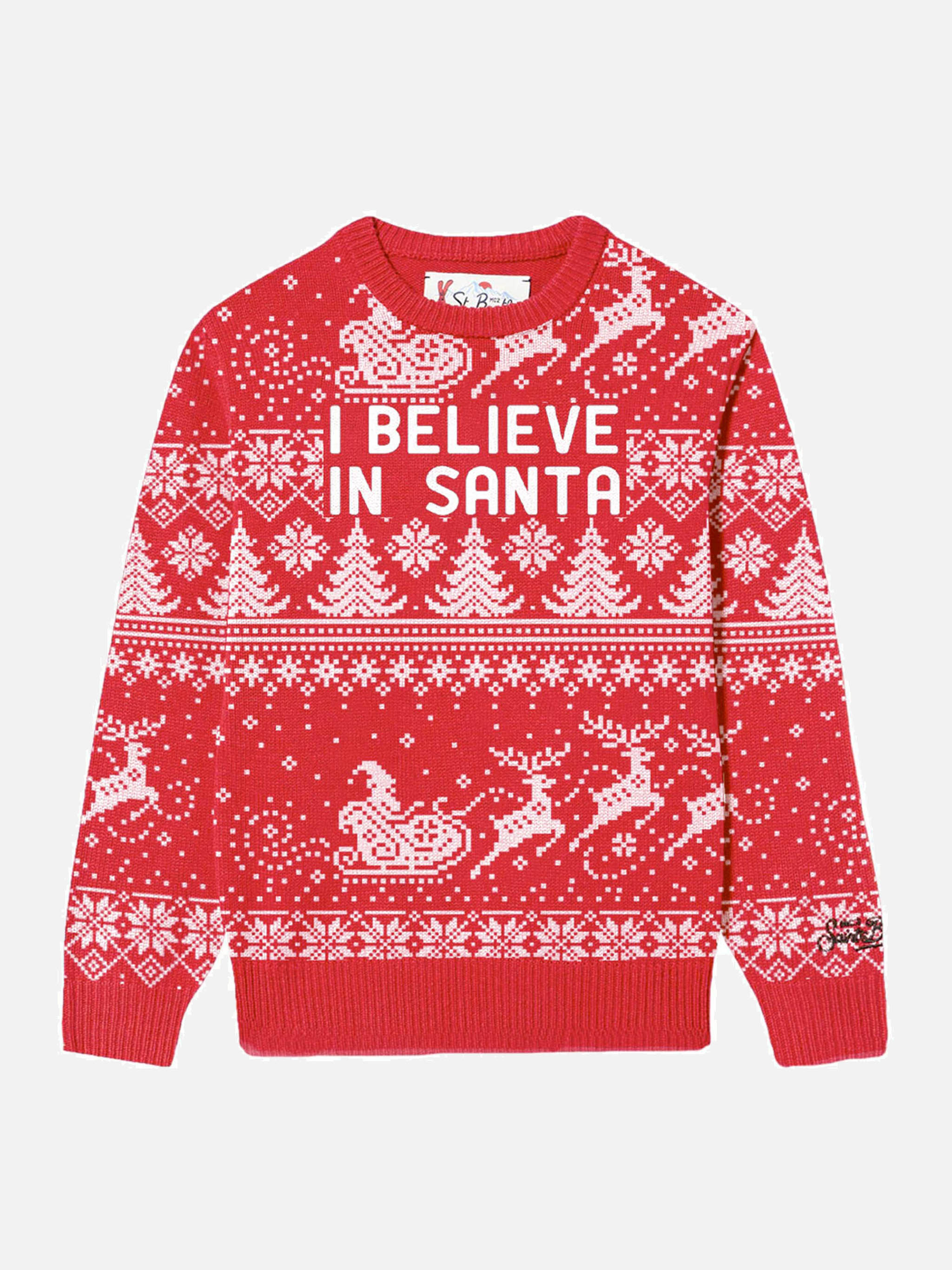 Boy Crewneck Sweater With I Believe Santa Lettering Red