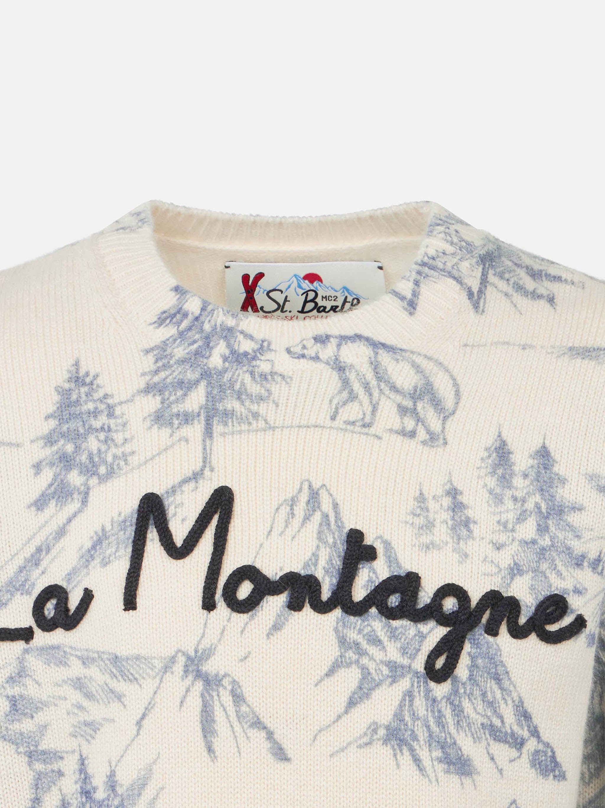 Boy Crewneck Toile De Jouy Sweater With La Montagne Embroidery White