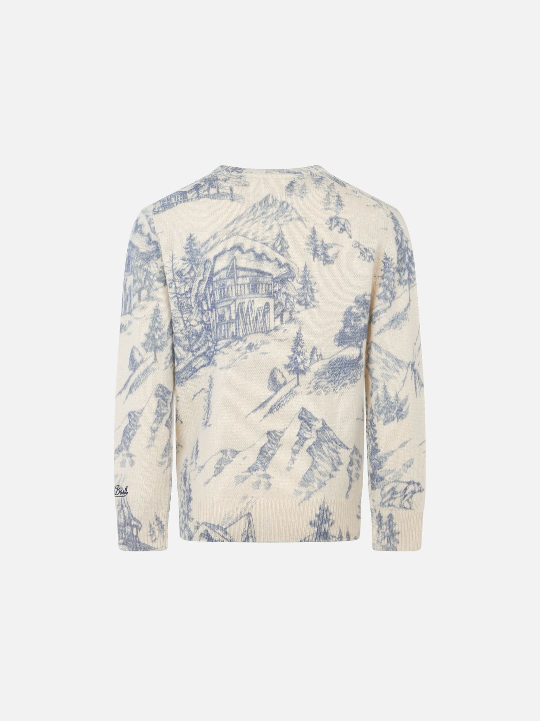Boy Crewneck Toile De Jouy Sweater With La Montagne Embroidery White