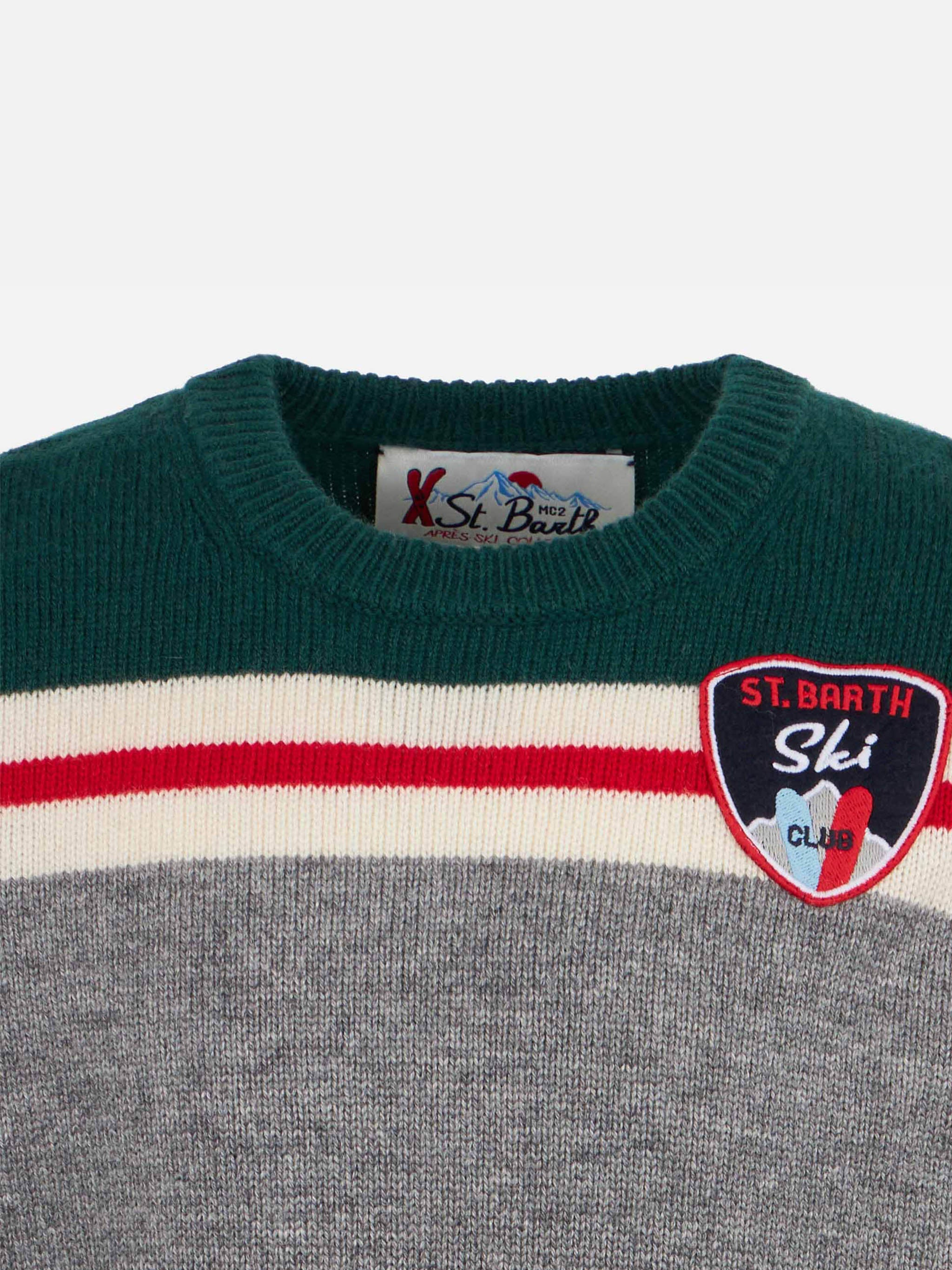 Boy Crewneck Sweater With St. Barth Ski Club Patch Green