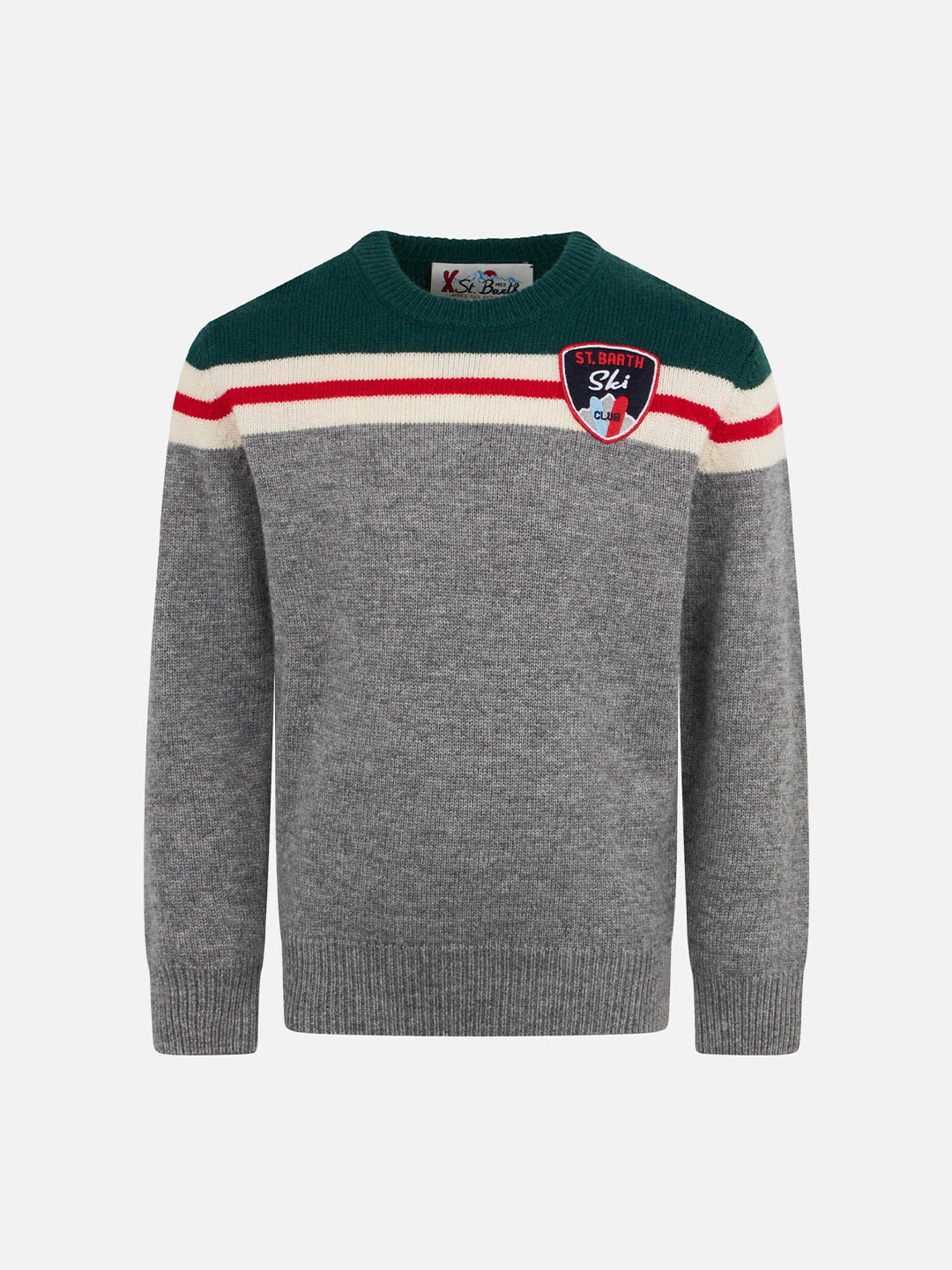 Boy Crewneck Sweater With St. Barth Ski Club Patch Green